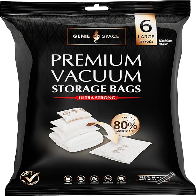 GENIE SPACE - Incredibly Strong Premium Space Saving Vacuum Bags Storage | 6 x LARGE (80x60cm) | Airtight & Reusable | Create 80% more space | For Clothes, Towels, Bedding, Duvets and more.