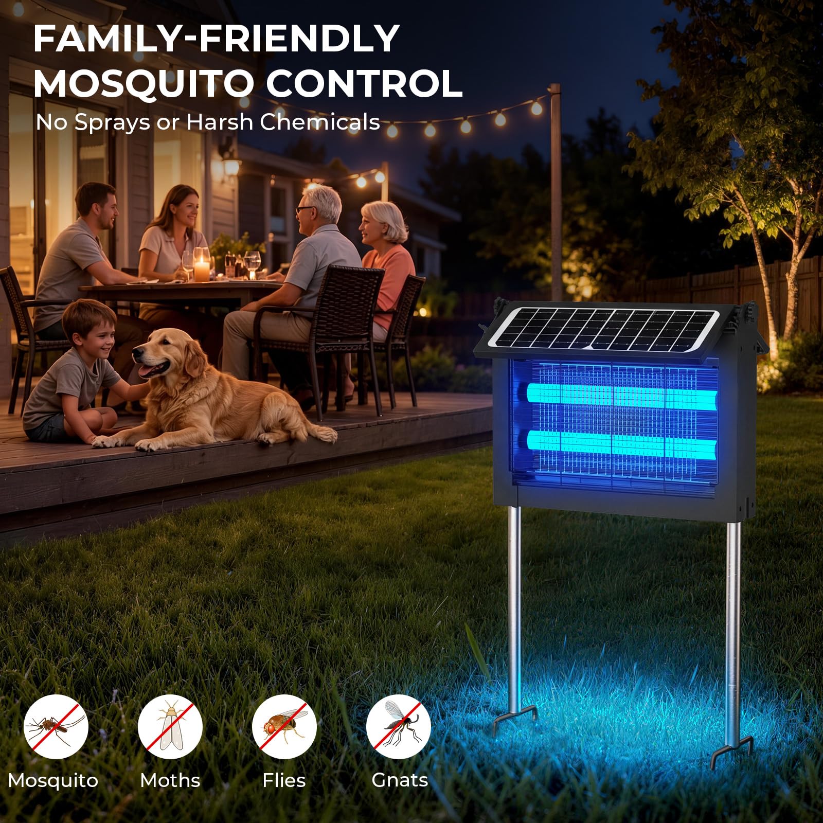 Eliminador de insectos para exteriores con panel solar grande, 4500 V, exterminador de mosquitos al aire libre, 4000 mAh, recargable, matamoscas inalámbrico, impermeable para patio, jardín