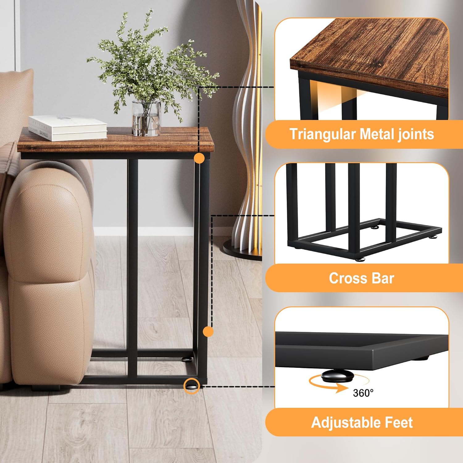 VECELO Universal C-Shaped Side Table, Multi-Functional Snack & TV Tray for Living Room, Bedroom, Brown (2 Set)