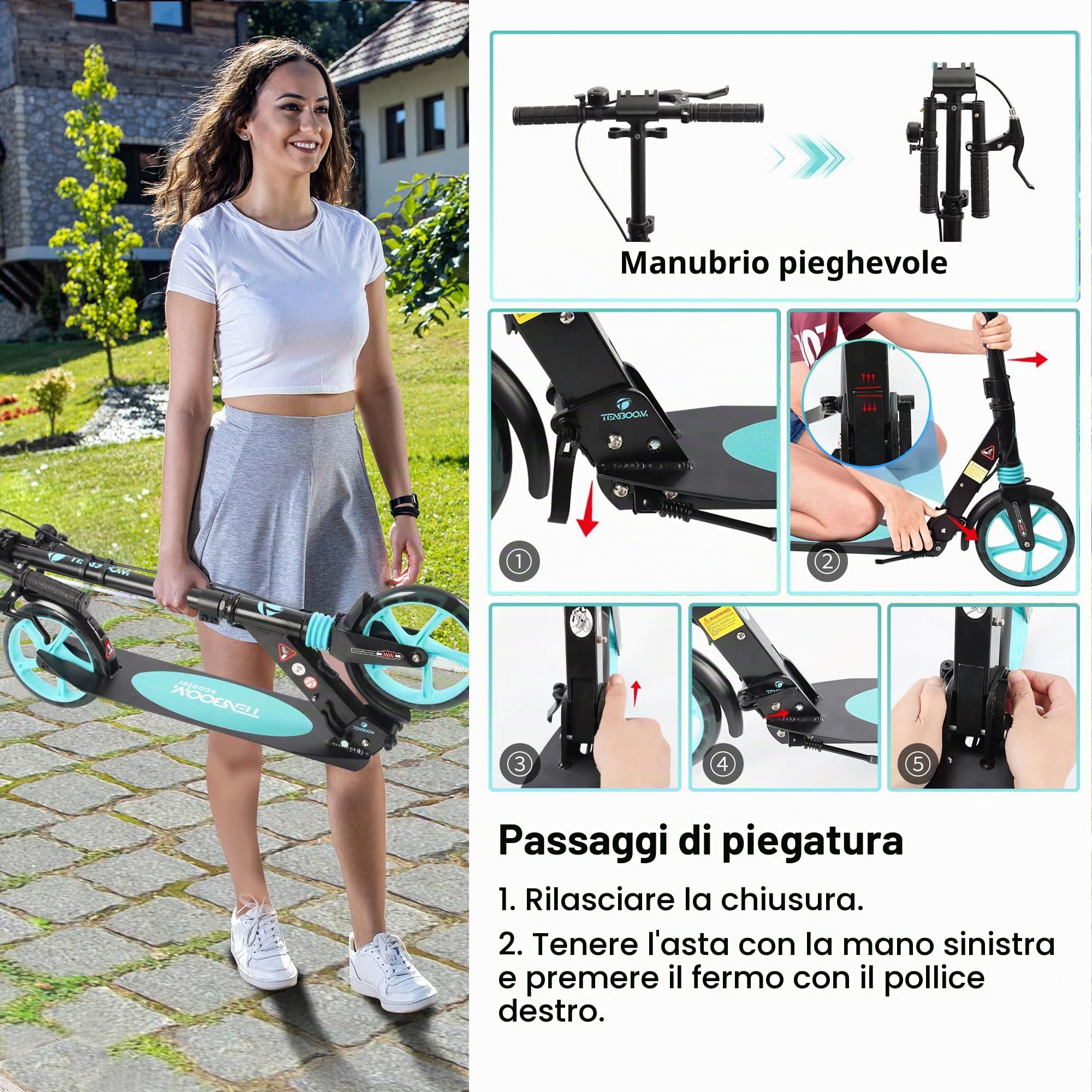 TENBOOM Kickscooter a disco in alluminio pieghevole, altezza regolabile per bambini 8 anni e risvegliati con freno a mano e campana, sistema a doppia sospensione
