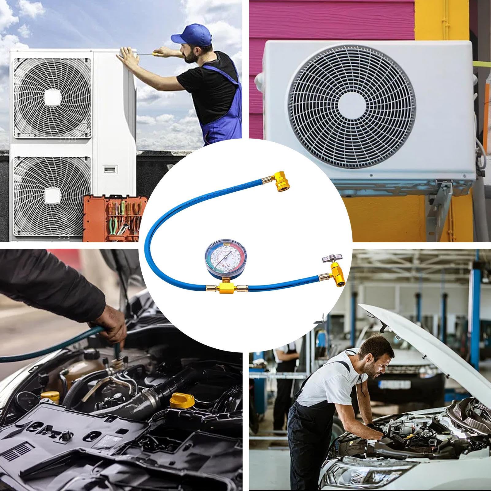 Tubo di ricarica CA con manometro, tubo refrigerante AC, con manometro, tubo refrigerante anti-riflusso, per rilevamento perdite, riparazione auto, HVAC commerciale frigorifero