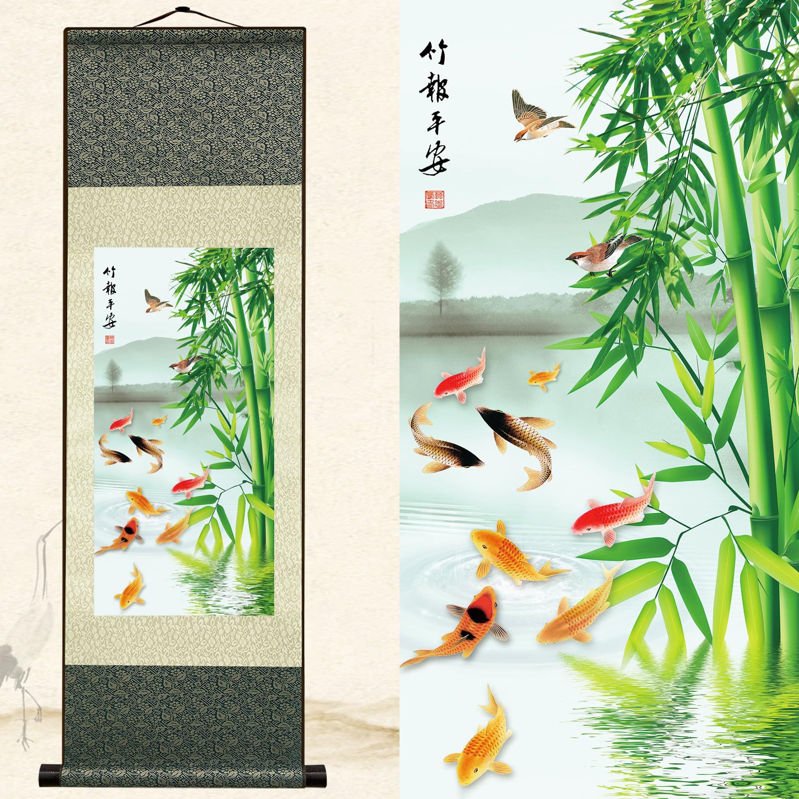 Newscz Bedroom Wall Art for Home Decor Accessories Living Room Silk Scroll Painting Plant Bamboo Wall Artwork Posters Aesthetic Room Decor Tapestry Wall Hanging for Home Hallway Decor 36 by 12 in
