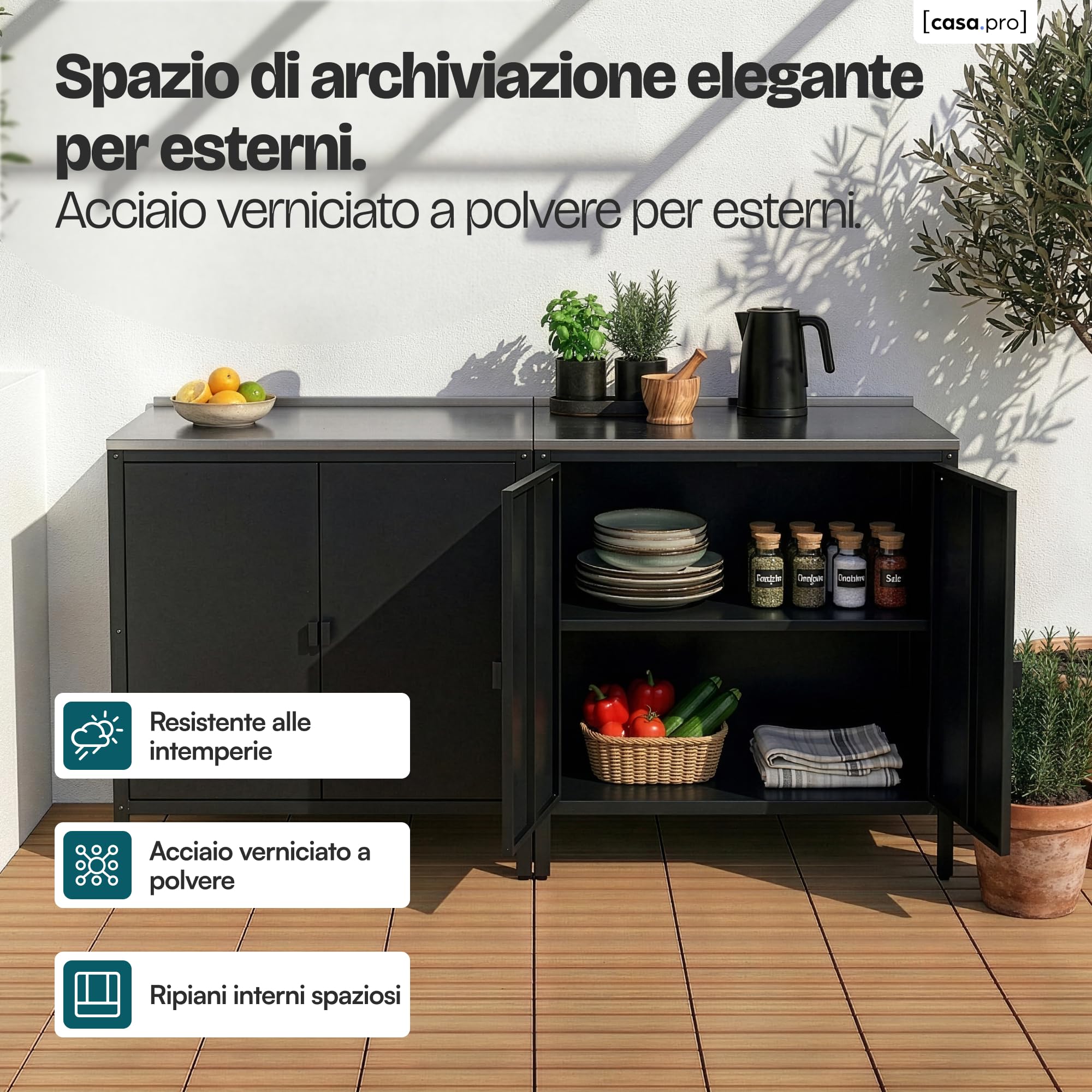 casa.pro Armadio da Giardino Mobile Organizzatore da Esterno 92 x 80 x 50 cm Armadietto in Acciaio con 2 Ante e Ripiano Piedini Regolabili per Livellare - Nero Opaco