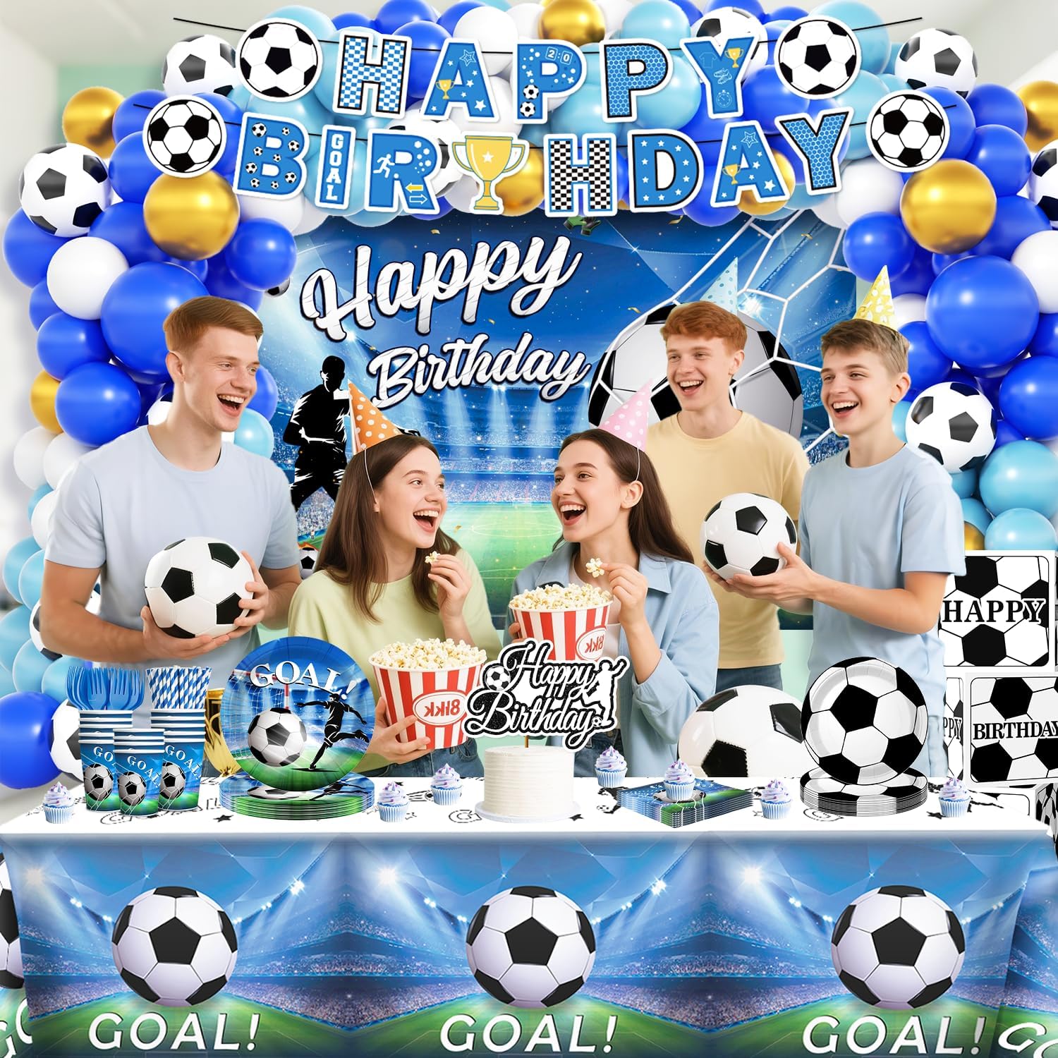 Soccer Birthday Party Decorations, All-in-1 Supplies Pack, Includes Plates and Napkins, Backdrop, Tablecloth, Balloon Kit for Blue Soccer Theme Party Decorations - Image 7
