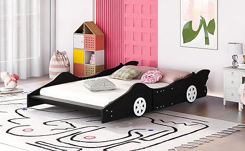 Miniatura 92 de Cama de plataforma en forma de auto de carreras con ruedas, cama de plataforma de madera tamaño individual con barandilla, cama de plataforma para