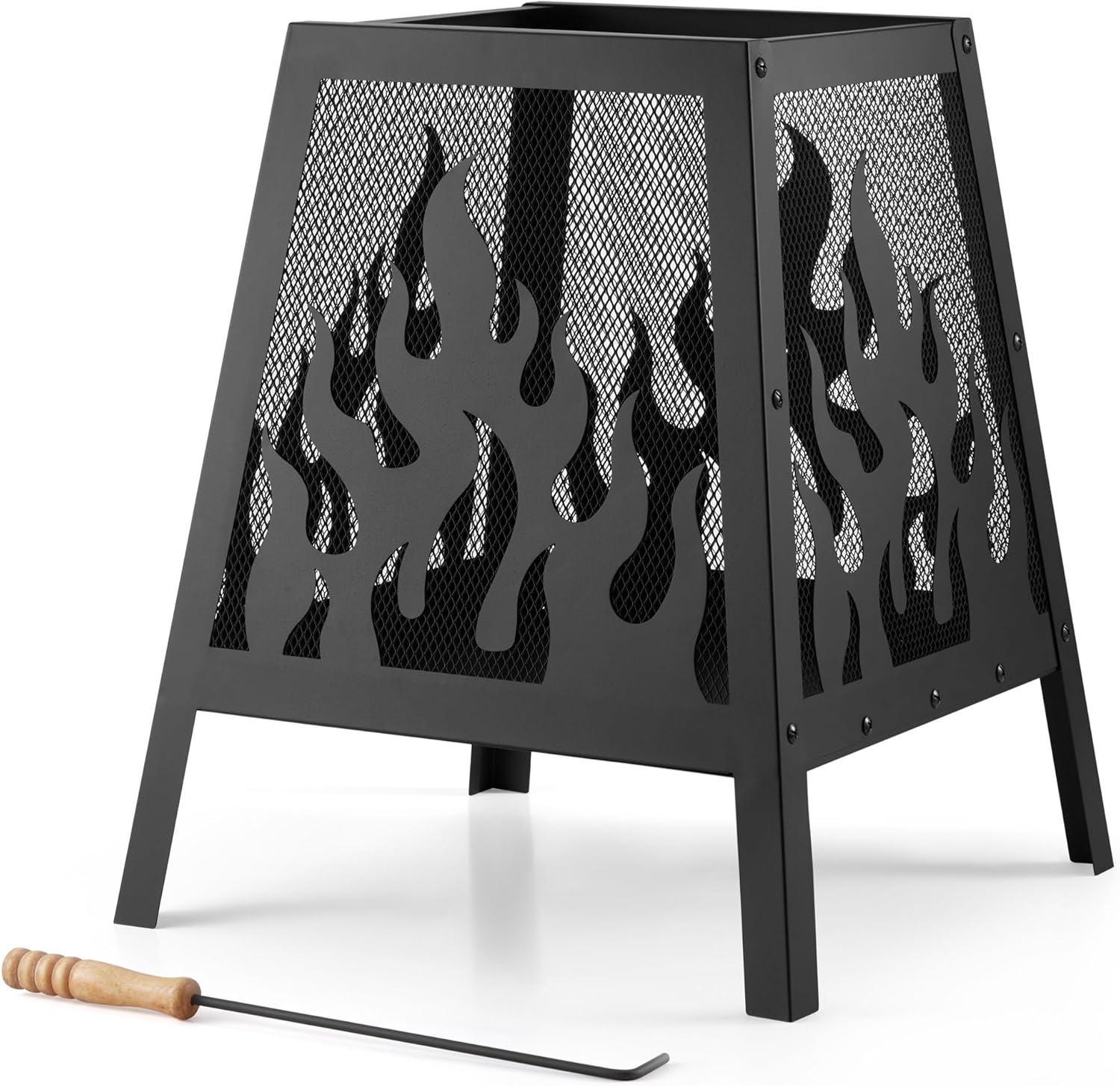 VonHaus Fire Pit – Firepit for Outdoor, Garden, Patio – Portable & Lightweight with Flame Design, Black Steel, Fire Poker & Mesh Guard Included – Use Wood or Charcoal to Fuel