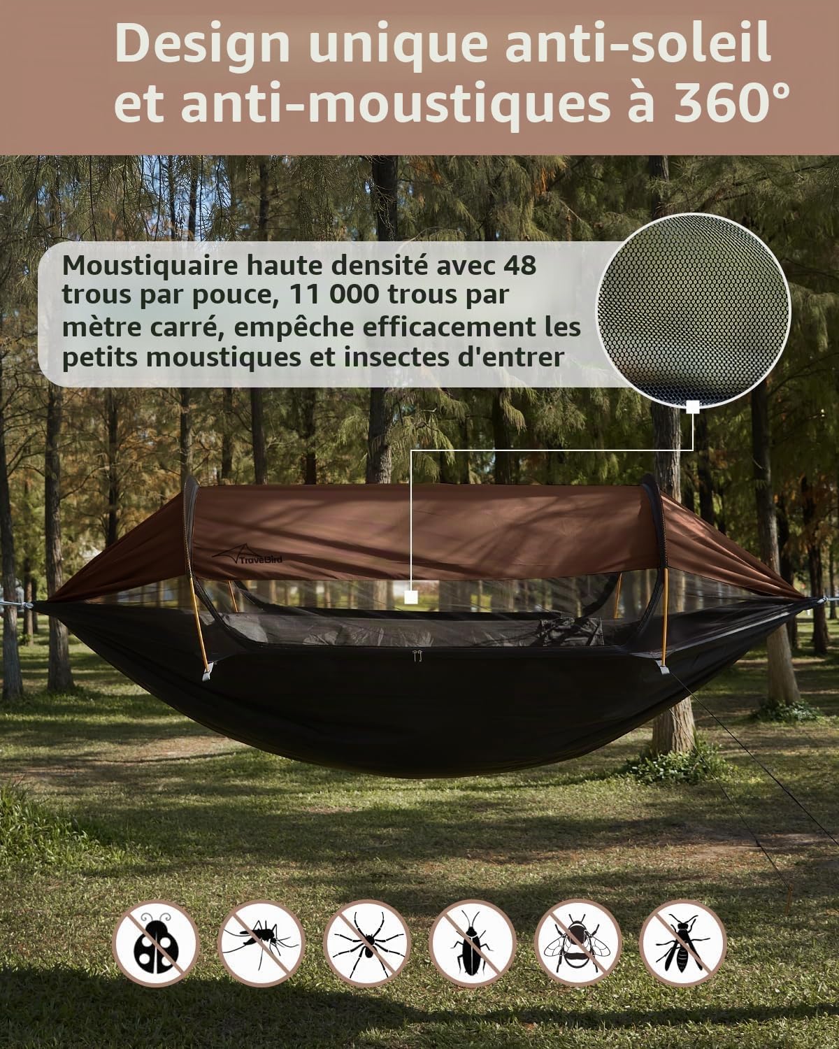 Hamac de Camping avec Moustiquaire et Pare-Soleil, 290 x 140 cm, Hamacs Suspendus Légers Multi-Modes avec Sangles d'arbre, Tente de Sol pour L'extérieur, La Randonnée et Le Camping