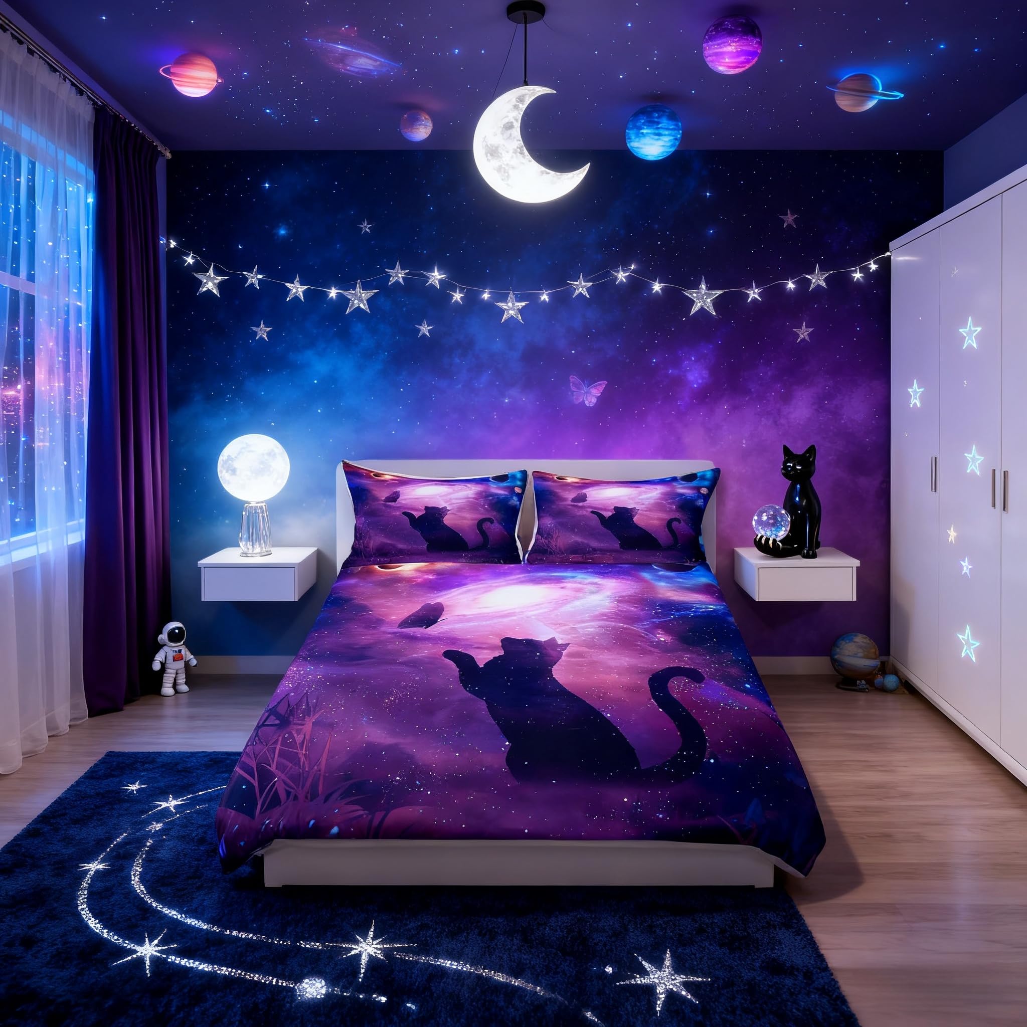 Housse de lit douce respirante motif chat mignon galaxie pour le confort du sommeil ado