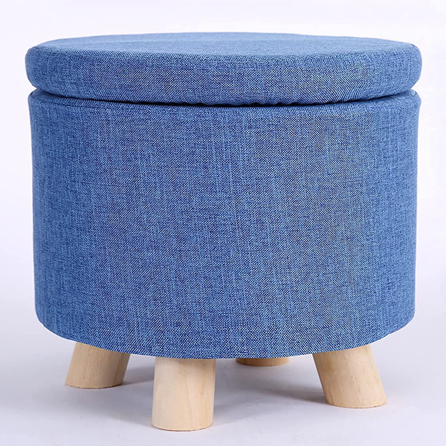 Pouf de rangement rond bleu en coton et lin | Coffre bas empilable grand modèle
