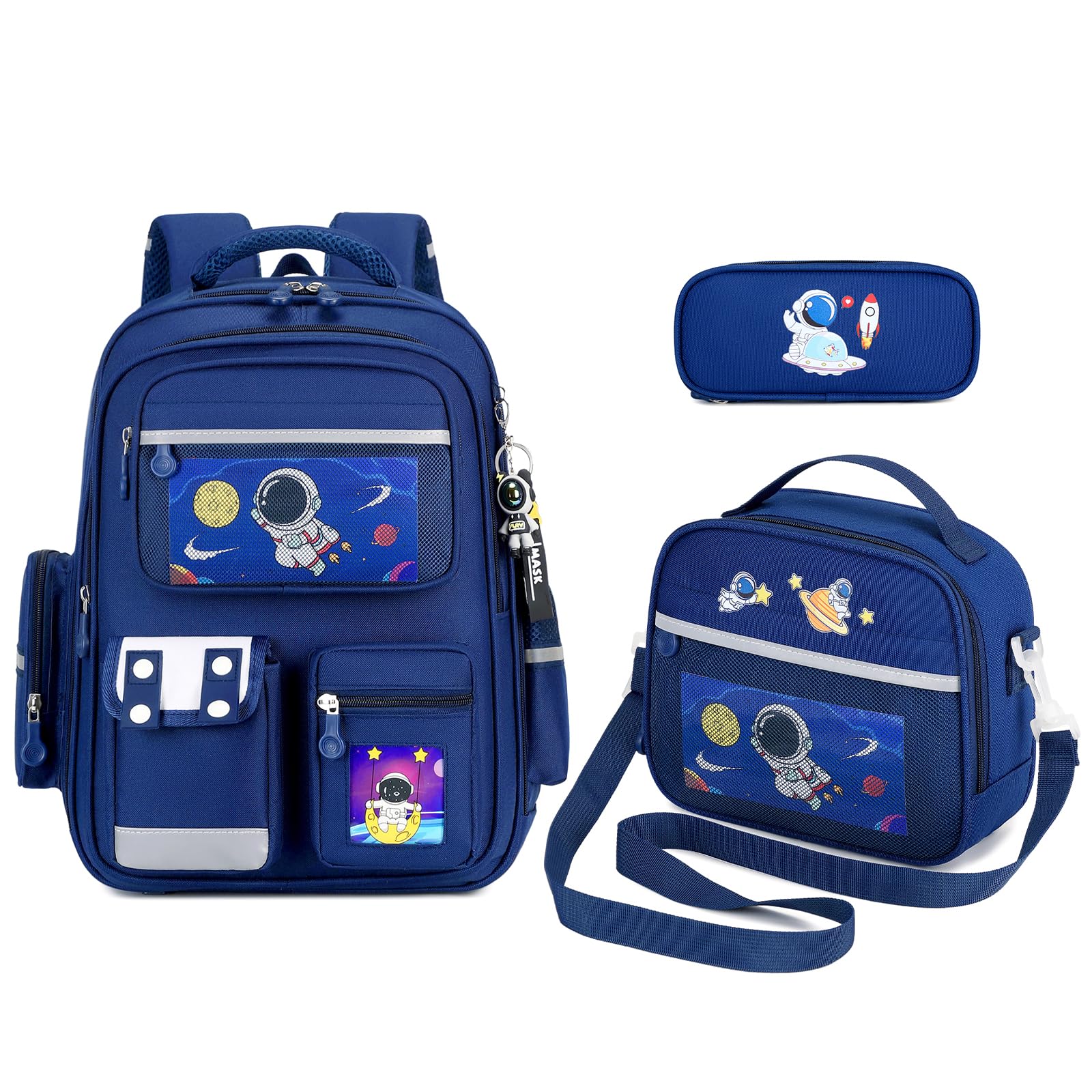 Amythe Cartable Garçon 8-12 Ans CE1 CE2 CM1 CM2 - Sac à Dos École Primaire avec Lunch Bag Trousse - Léger Imperméable avec Ruban réfléchissant – Idéal Rentrée Scolaire - Bleu