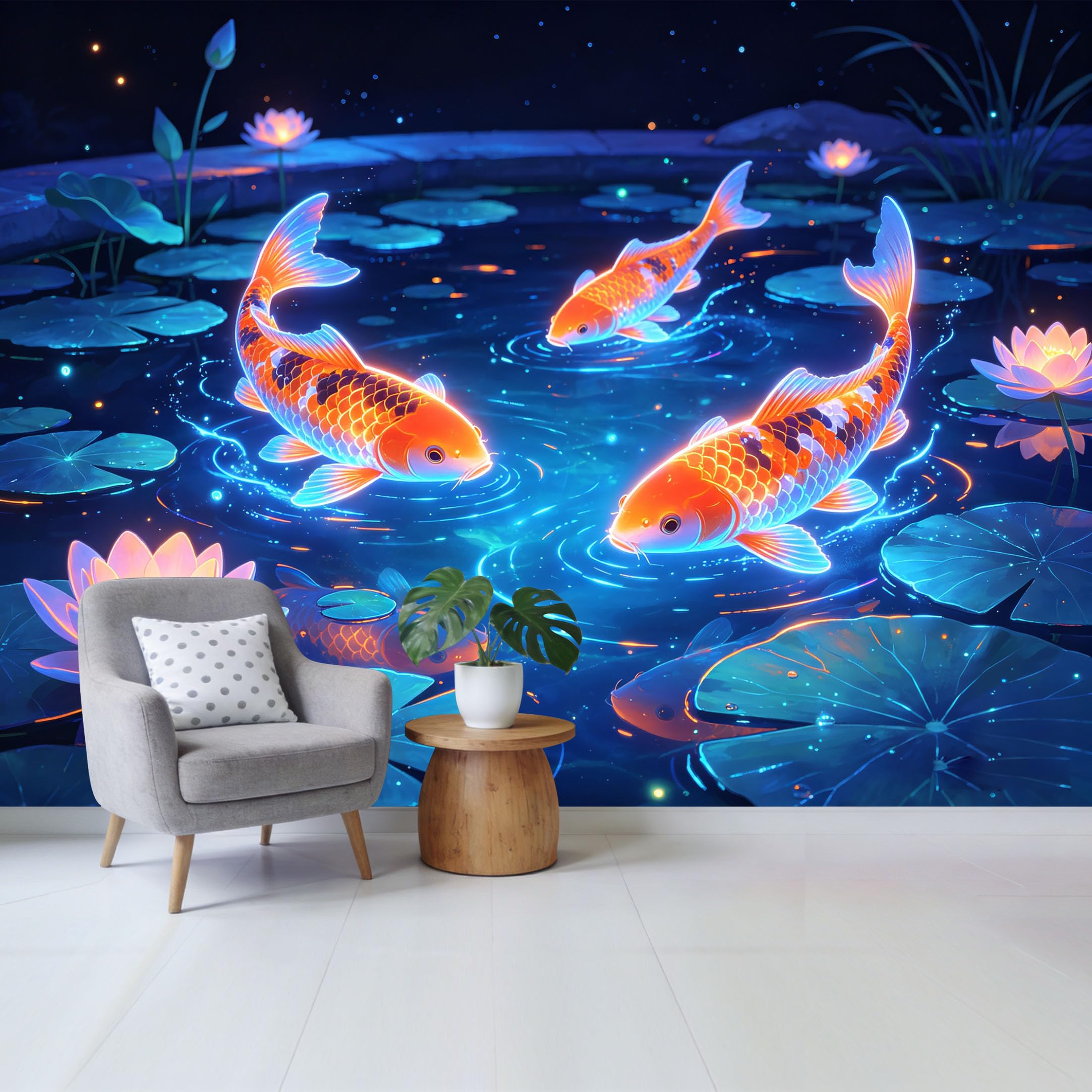 Qzlithotic Yq2605250936 Custom Size Wall Mural Glowing Koi Fish Pond Neon Lotus Flowers Abstract 3D Trompe L'oeil Selfadhesive Wall Fabric Removable Wallpaper For Home Office Decor