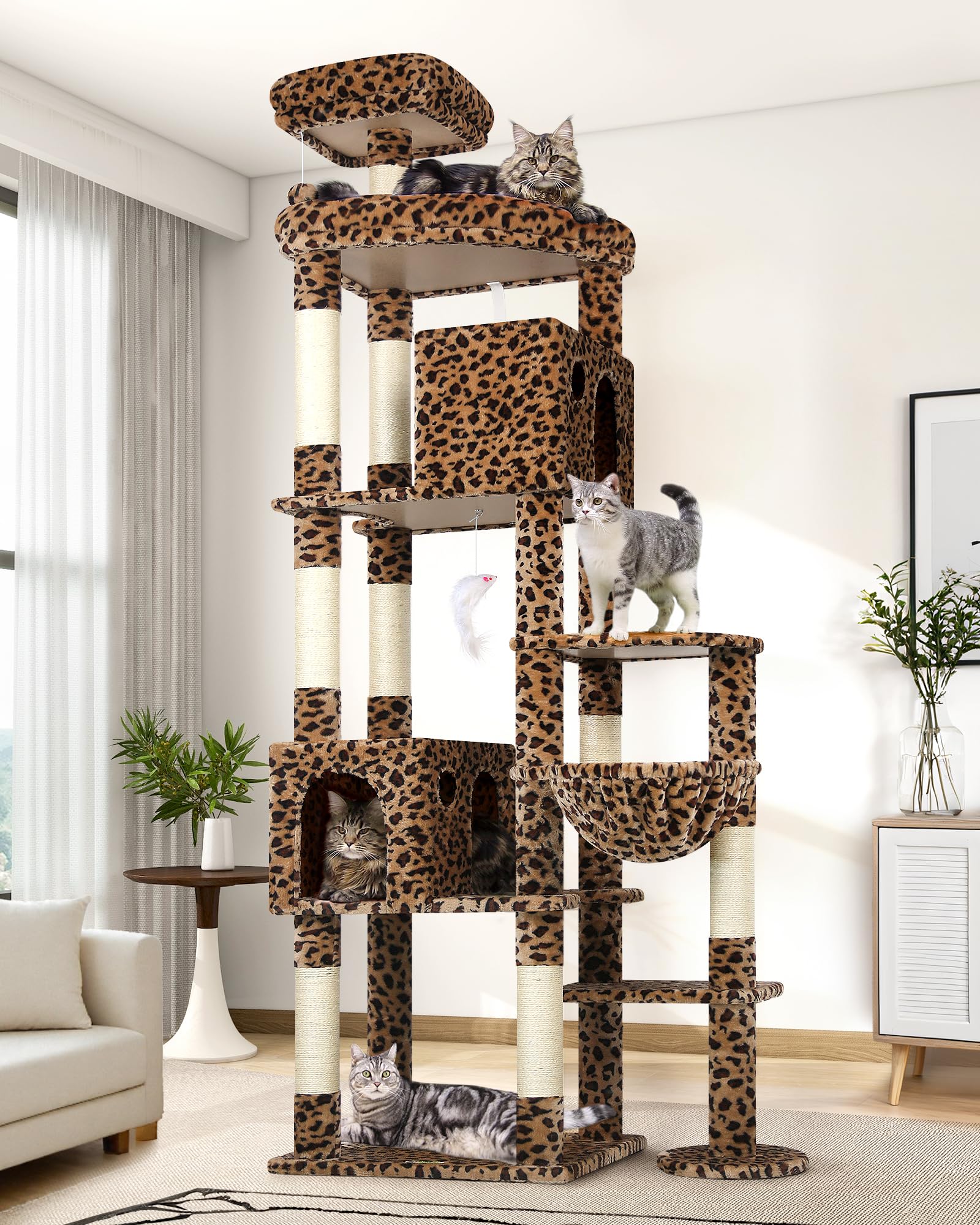 Globlazer Tiragraffi XXL Leopardo per Gatti Adulti Alto 213 cm con Grandi Piattaforma 55cm*45cm, 2 Grotta, Posatoi, Cesto, Stabile Tiragraffi per 3-5 Gatti Grandi Maine Coon Interno (F83, Leopardo)