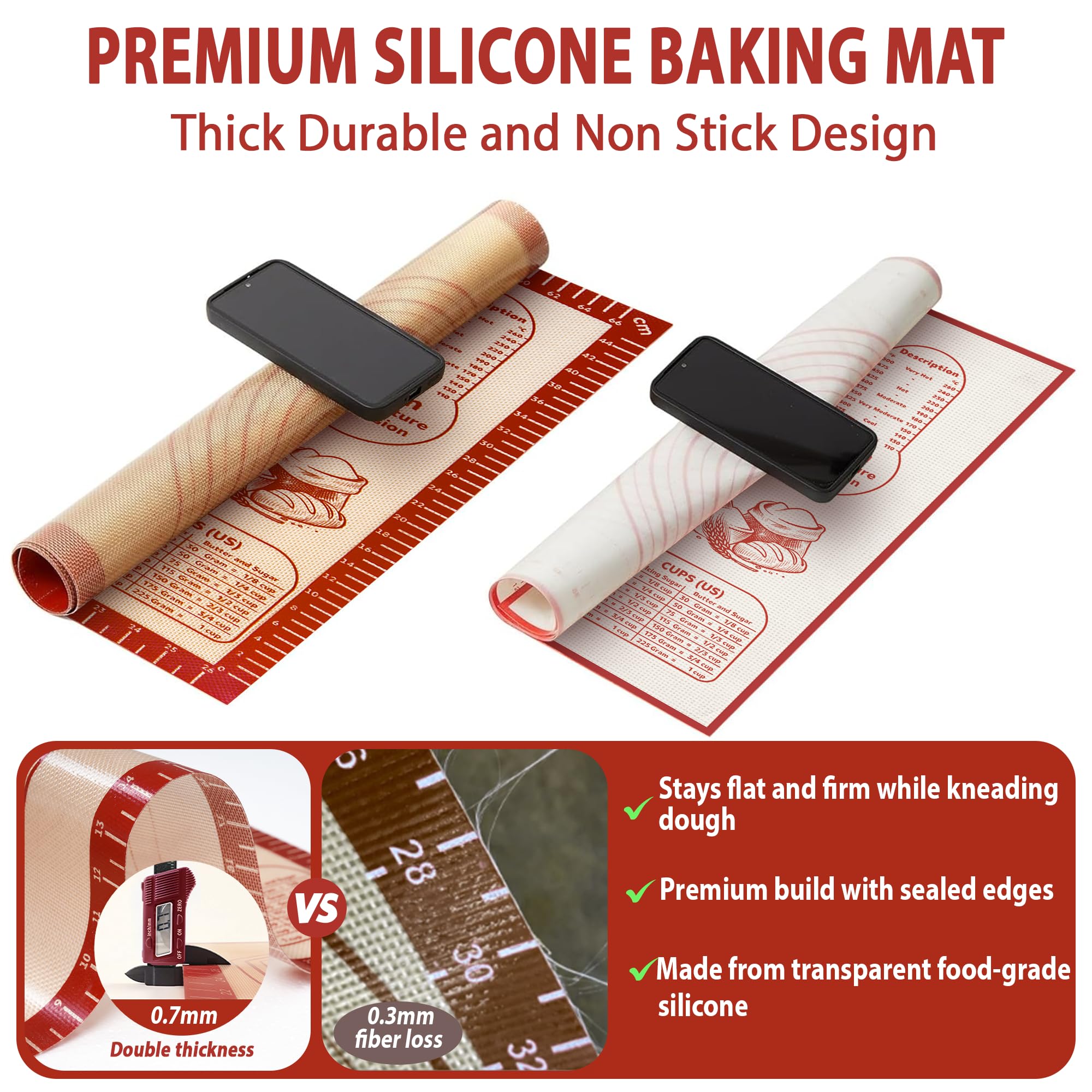 Silikon-Backmatte für Gebäck, Teig, rutschfeste Rollmatte mit Messanleitungen, dickes, wiederverwendbares Knetbrett für Brot, Pizza, Kekse, Fondant, Antihaft-Backblech für Küchentheke, 50,8 x 71,1 cm