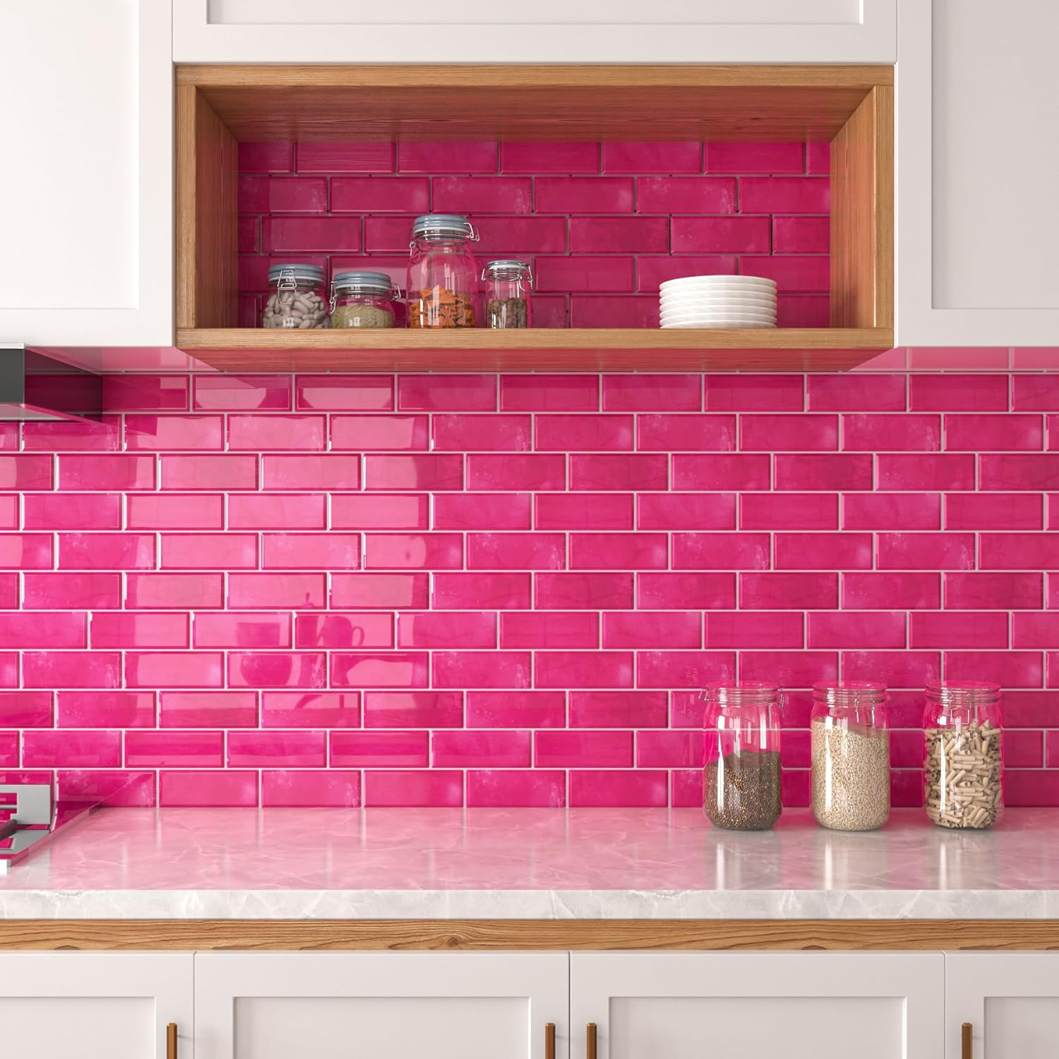 Decotalk 30-Sheet Pink Peel and Stick Backsplash Pink Subway Backsplash Tile Peel and Stick 12x12 Inch Back Splash for Kitchen Wall HotPink Back Splash Stick on Tiles for Kitchen Bathroom Waterproof