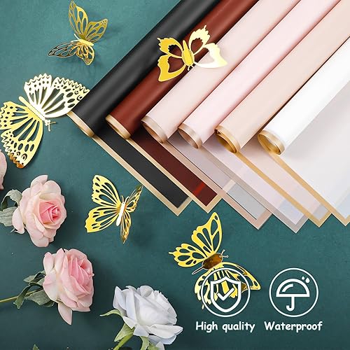 Miniatura 3 de 60 hojas de papel de regalo de flores, impermeable, ramo de floristería, papel de embalaje floral con 3 cintas, 36 mariposas 3D, 100 alfileres de