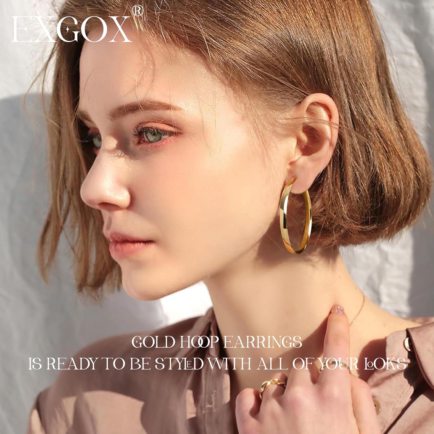 EXGOX 5mm Wide Gold Hoop Earrings for Women,Sterling Silver Hoop Earrings Large Silver Hoop Earrings Hypoallergenic Lightweight 14K Real Gold Plated Big Hoop Earrings for Women 30/40/50/60/70mm - Image 7