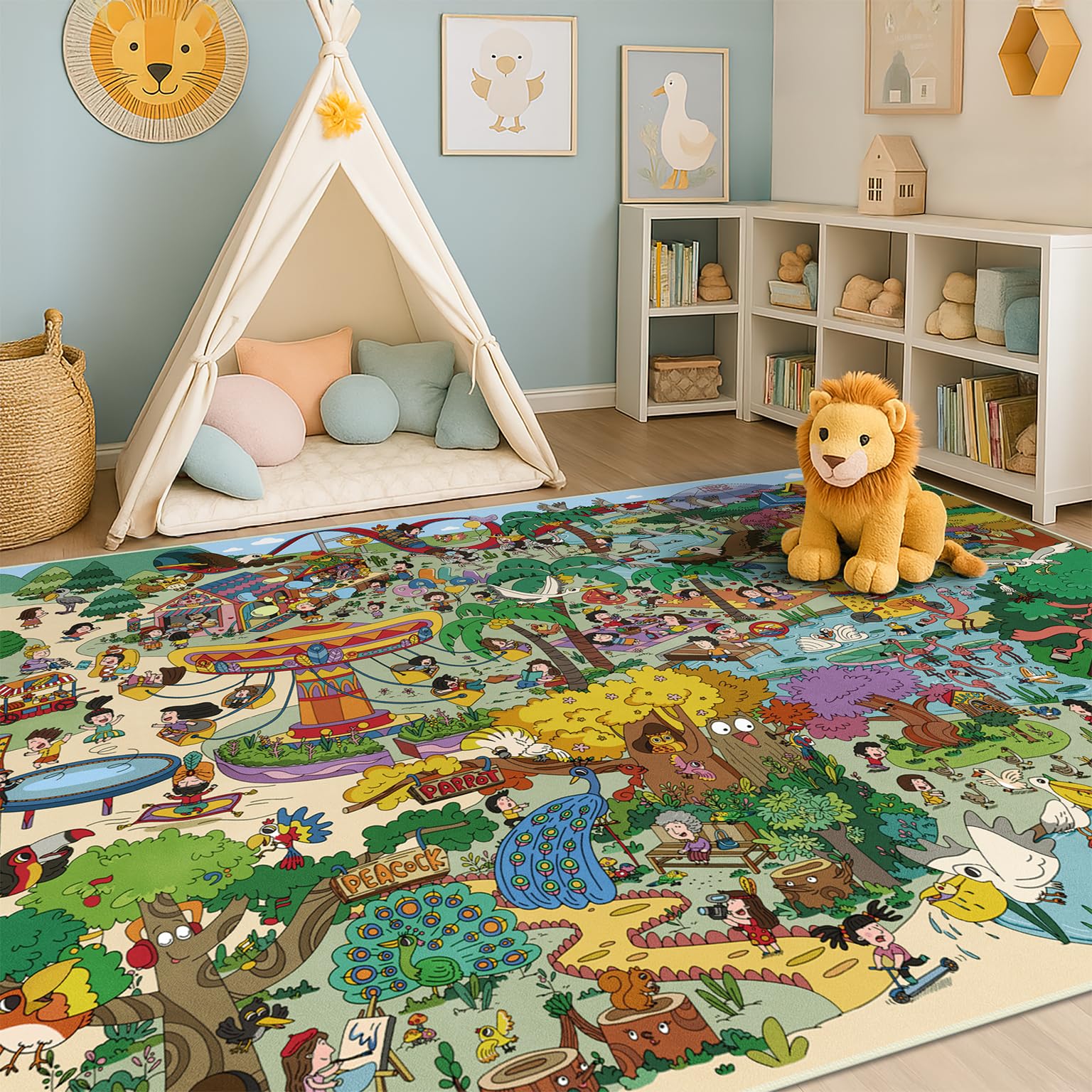 Whimsical Jungle Rug 6x9 for Kids Playroom – Cute Colorful Animal Safari Map, Forest &amp; Playground Scene – Perfect for Classrooms, Darecare, Pre-School or Play Corners