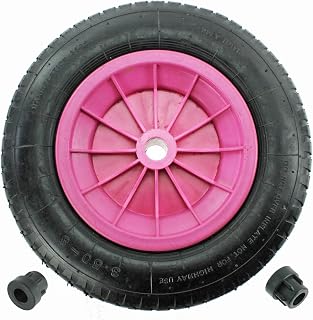 KetoPlastics 14" 3.50 - 8 Complete Wheelbarrow Wheel, Inner Tube, Tyre & 1/2" Axle Reducer Bushes for Garden Trolley / Barrow / Go Cart / Trailer Truck (Pink)