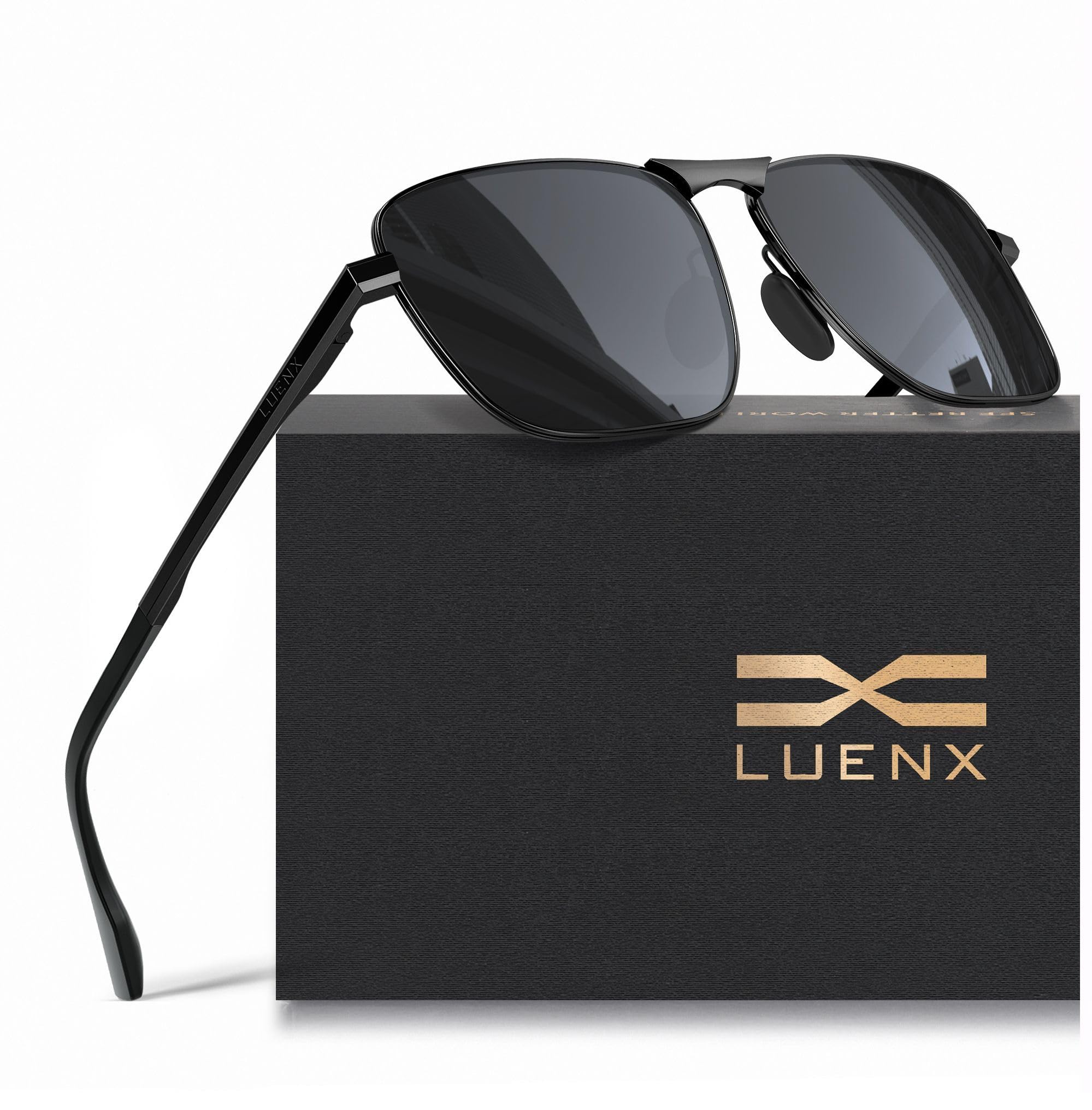 LUENX Rectangular Aviator Polarized Sunglasses for Men Women Square Metal Frame with Spring Hinge - UV 400 Protection
