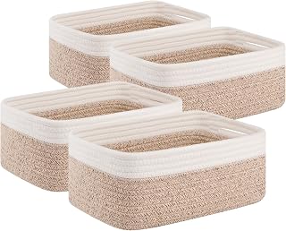 OIAHOMY 4-Pack Storage Baskets for Shelves - Cute Decorative Organizer Bins, 11.8x7.8x4.7in Brown/White Cotton Shelf Baskets