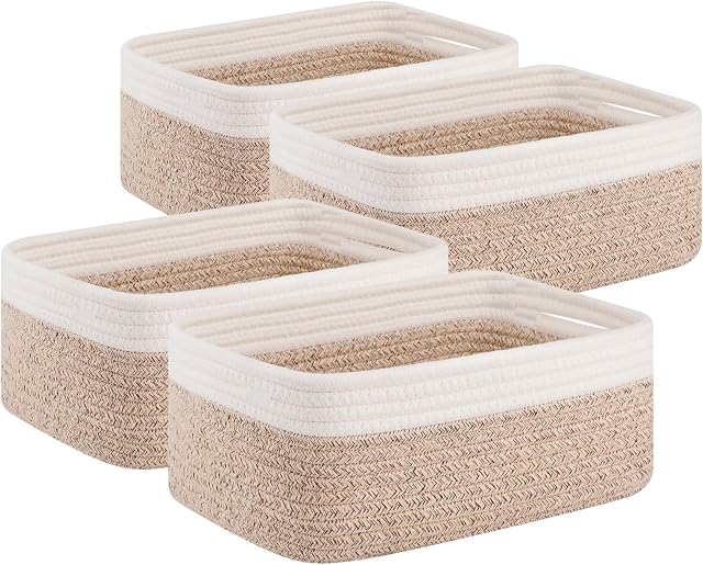 OIAHOMY 4 Pack Storage Baskets for Organizing, Small Baskets for Shelves, Cute Decorative Storage Bins, Organizer Baskets for Gifts Empty, Woven Baskets for Storage, 11.8''Lx7.8''Wx4.7''H, Brown/White