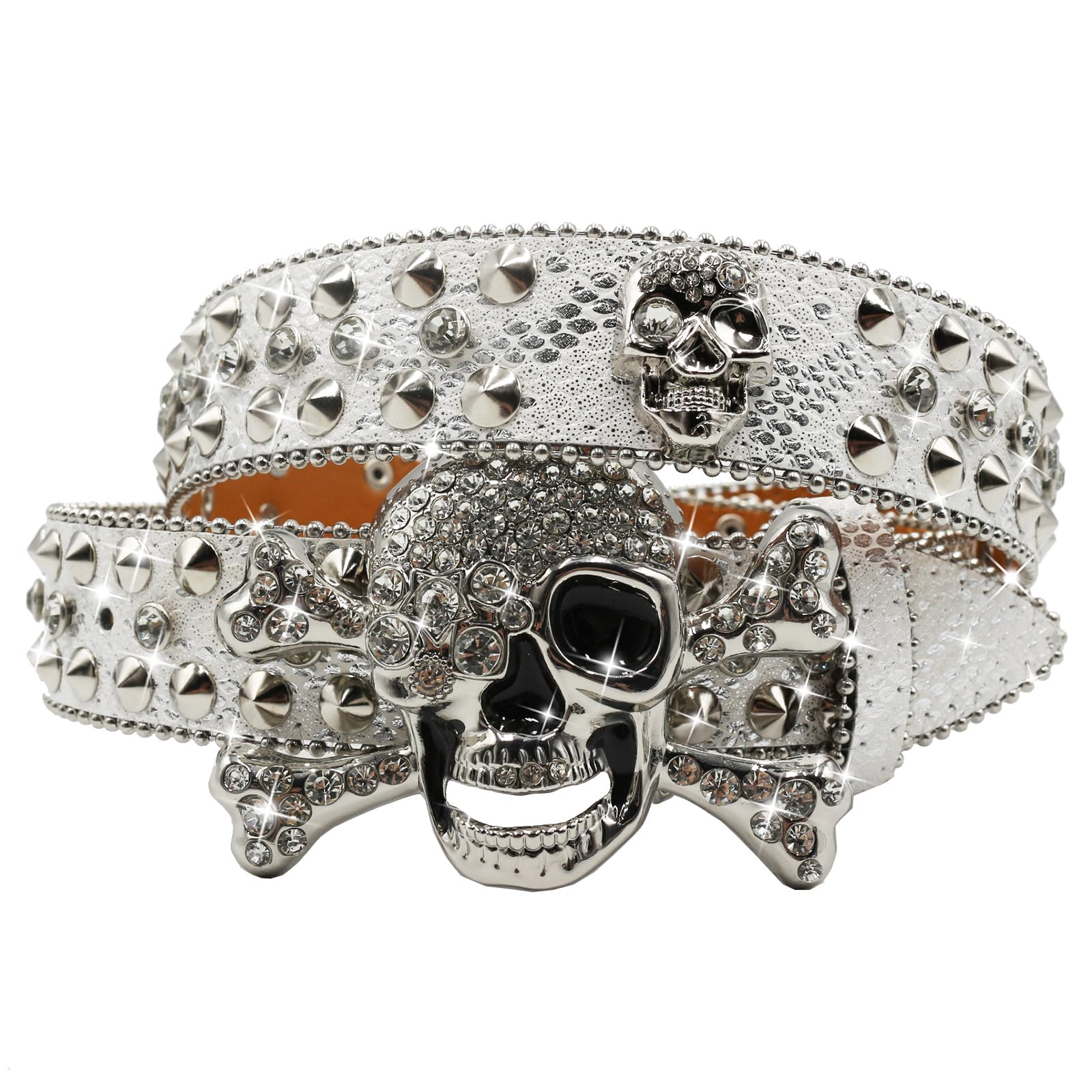 EVERBLTING SW Rhinestones Skull Belt, Silver, 105: fits waist from 30"-34"