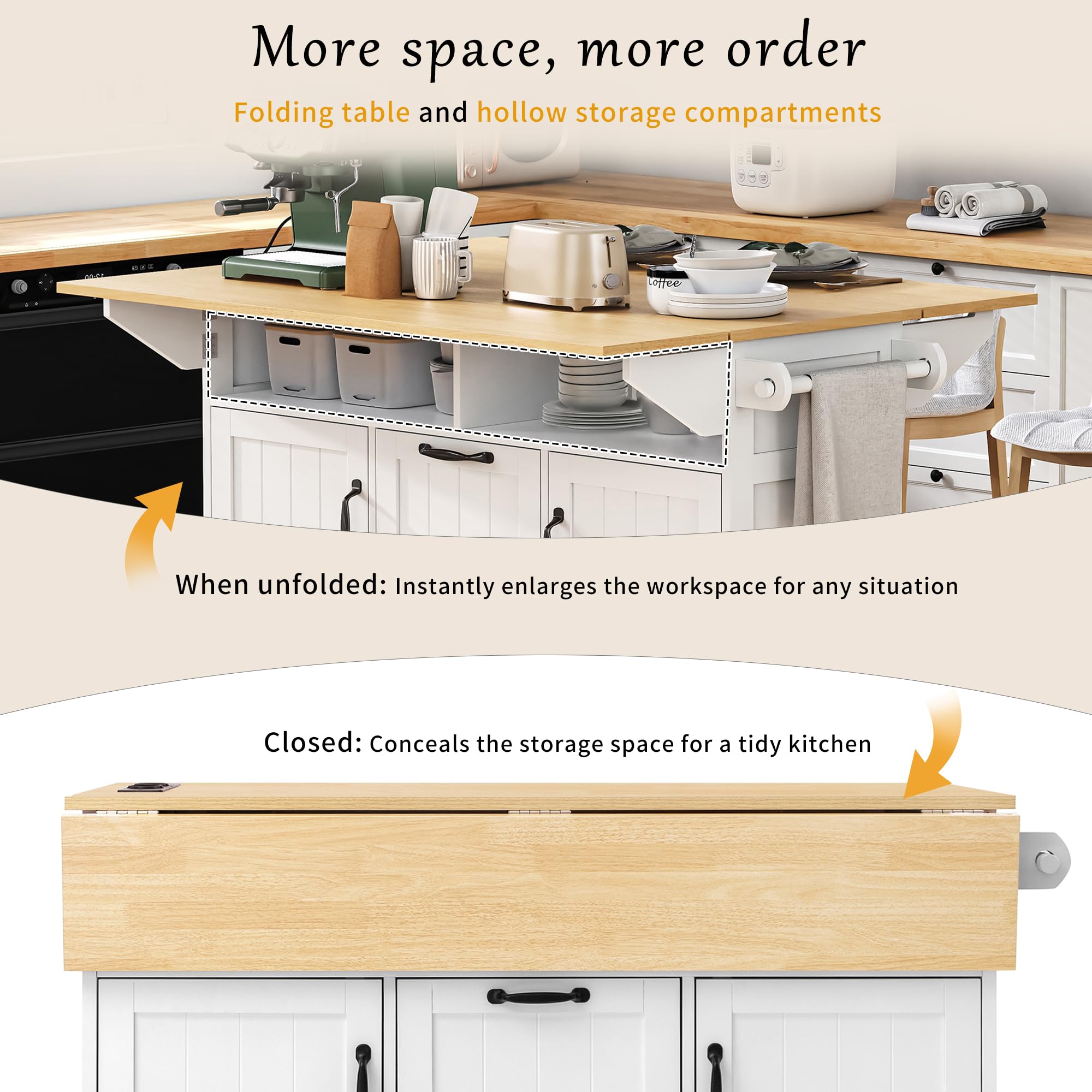 Isla de cocina con ruedas, mesa de comedor extensible, isla de cocina móvil con cajones y toallero, carrito de cocina móvil con regletas, ideal para cocina y comedor (blanco)