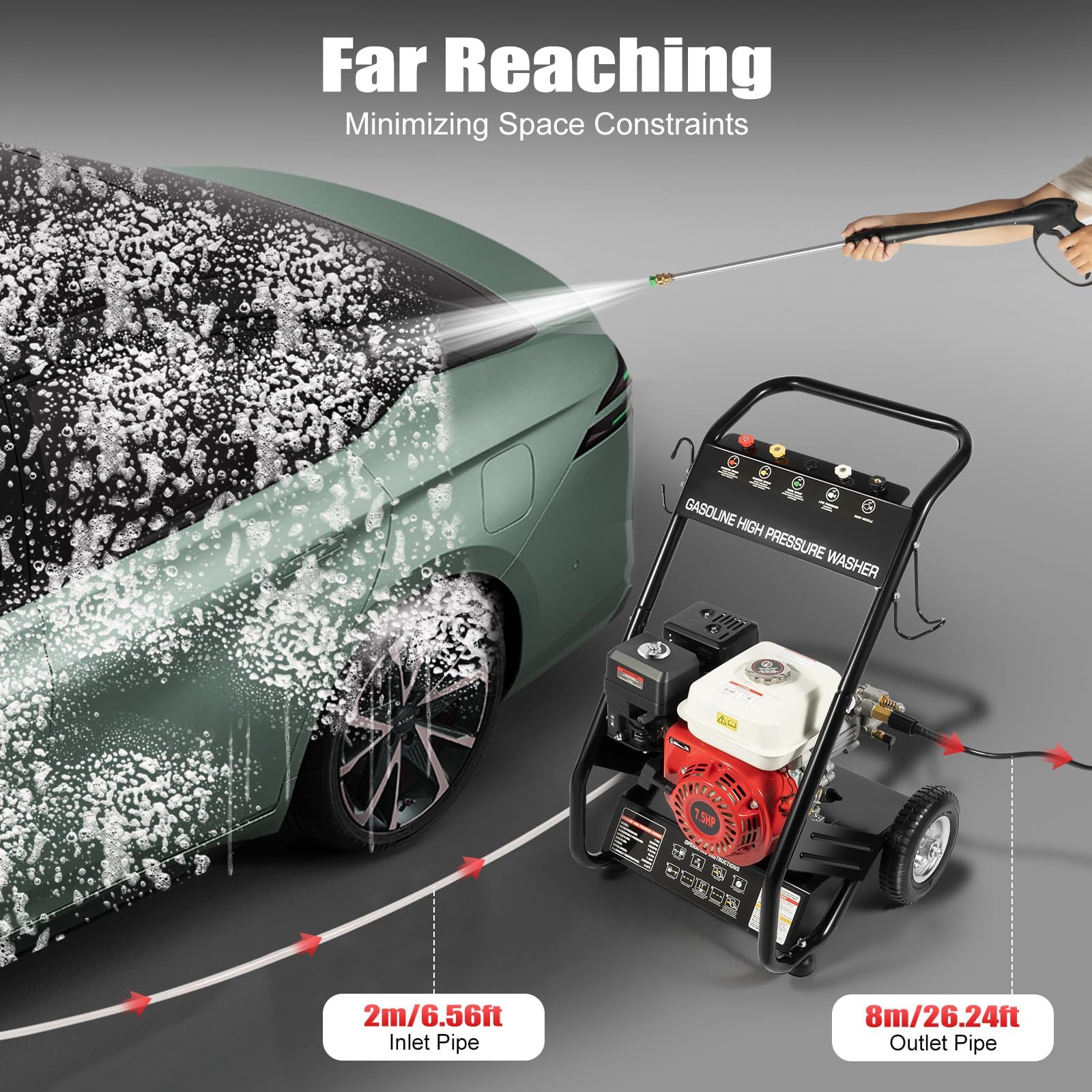 Hidrolavadora, Hidrolimpiadora de Alta Presion, Hidrolimpiadora Gasolina, Motor de 7CV, Presión 2200PSI, 5 Boquillas y Manguera, Agua a Presion Limpieza para Limpiar Patios, Coches o Fachadas