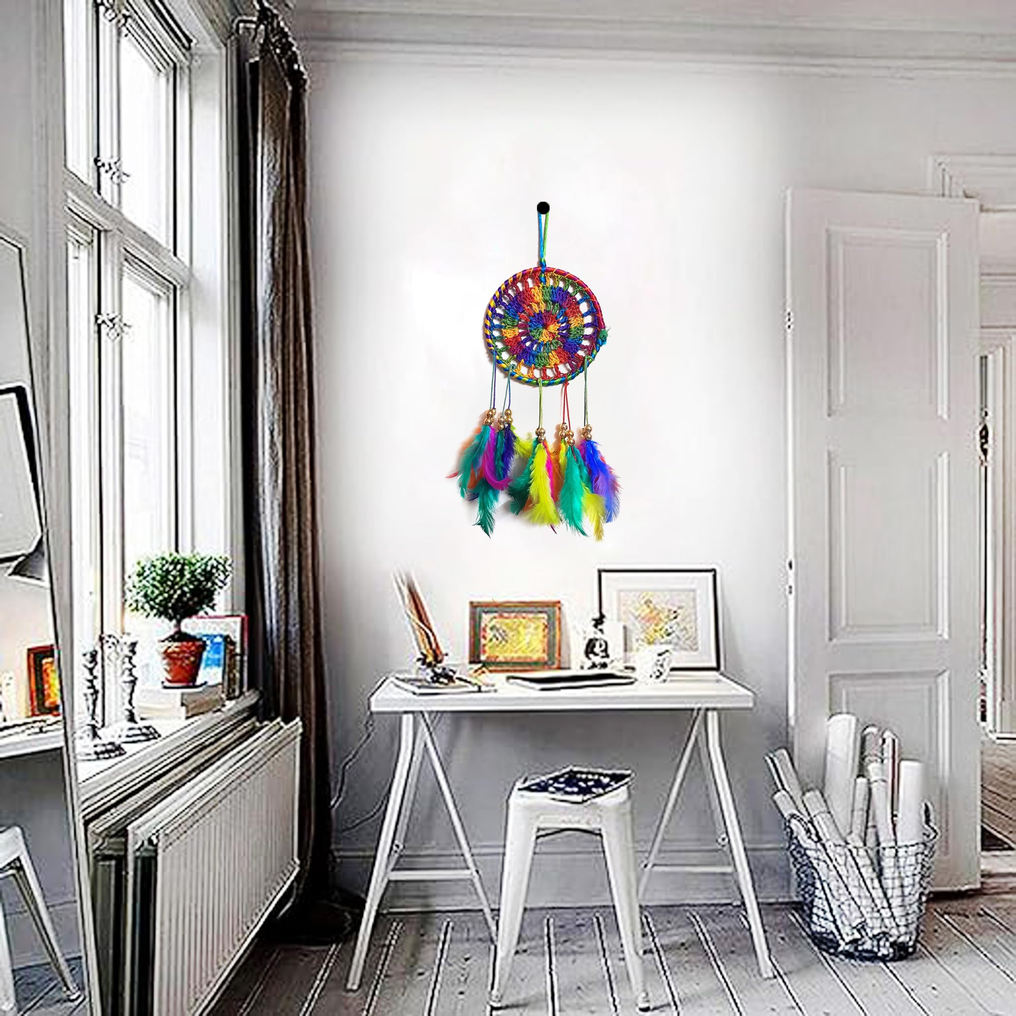 Handmade Car & Wall Hangings Dream Catcher Home Decoration Items for Livingroom, Office, Garden, Study Room & Festival Décor Feather Dreamcatcher (Multicolor, Ring Diameter 4 Inch)-image-13