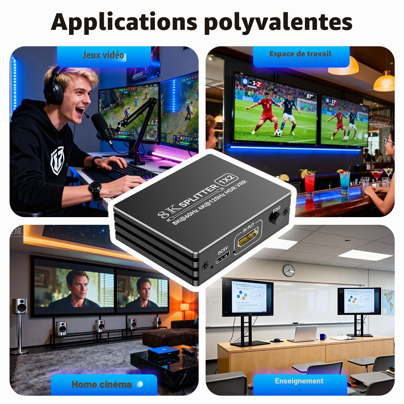 BolAAzuL Splitter HDMI 2 Sorties 1 Entrée, Répartiteur HDMI 2.1 4K 120Hz Repartiteur 8K 60Hz 1x2 avec Audio, Splitters pour Dual Moniteurs HDCP 2.3 HDR EDID Latence Zéro pour PS5/Xbox/PC/TV