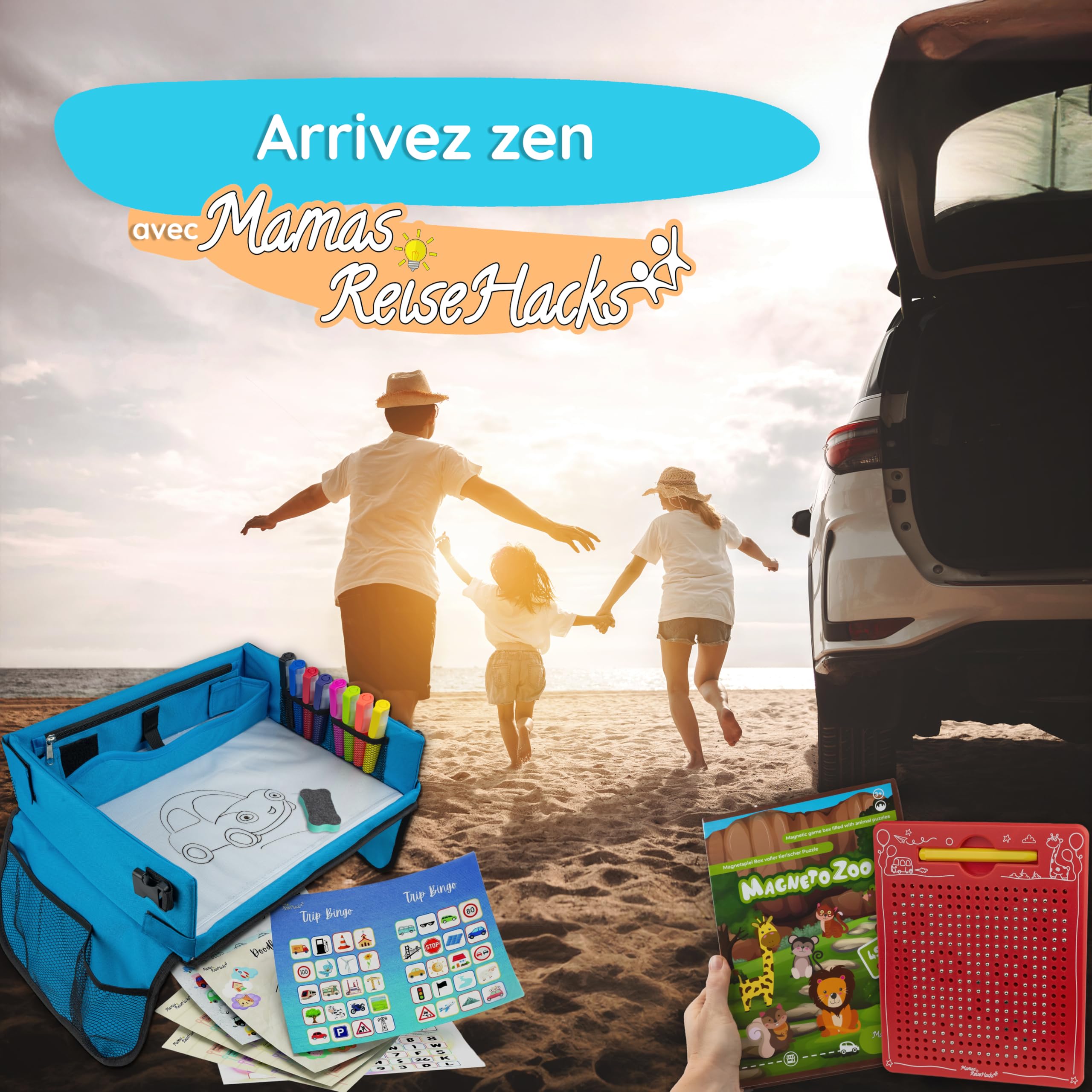 Mamas Reise Hacks Table de voyage pour enfant avec support de tablette et jeux de voiture