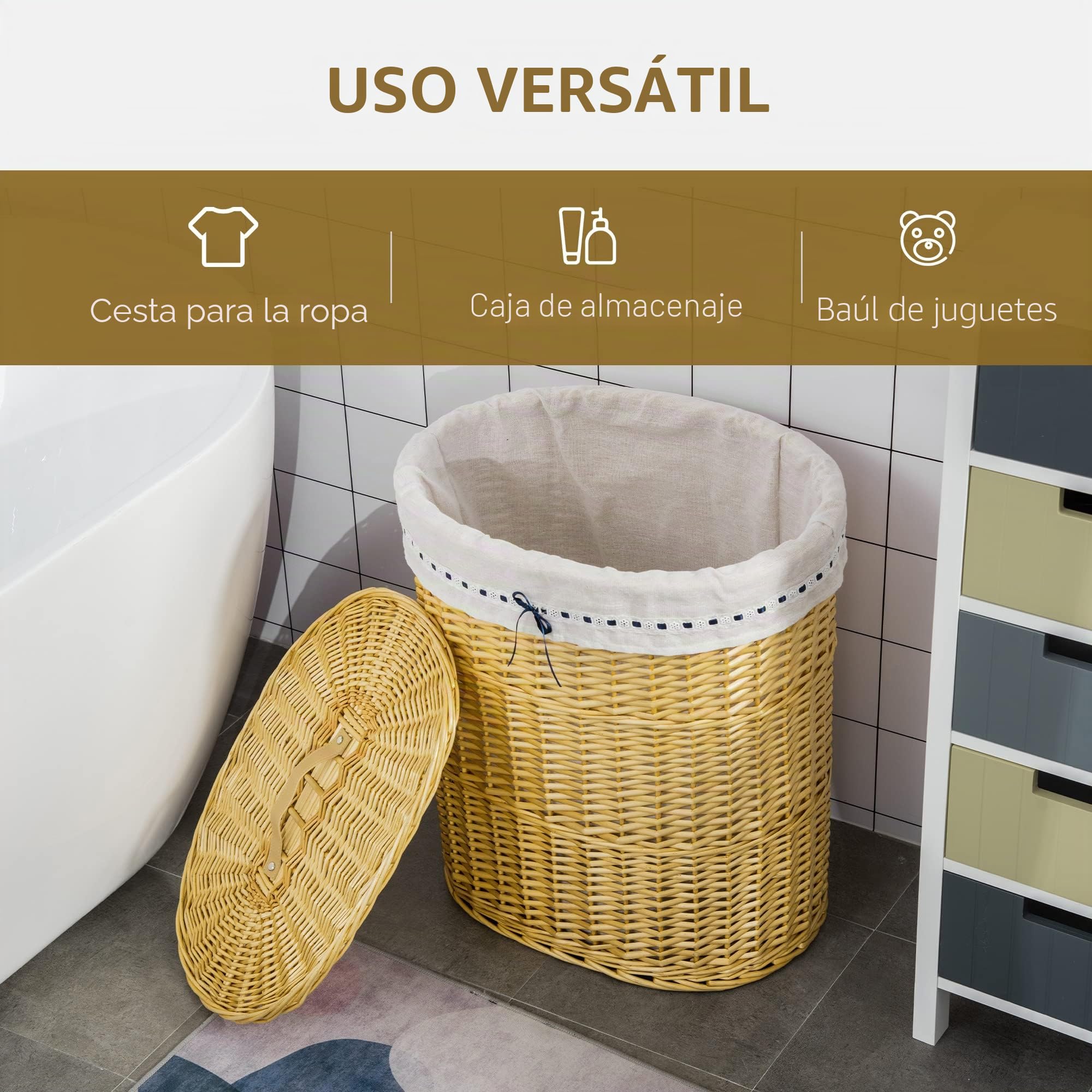 HOMCOM Cesta de Ropa Willow con Tapa, Bolsa de Ropa Extraíble, Natural | Canasta de ropa con asa, para baño, lavandería, dormitorio