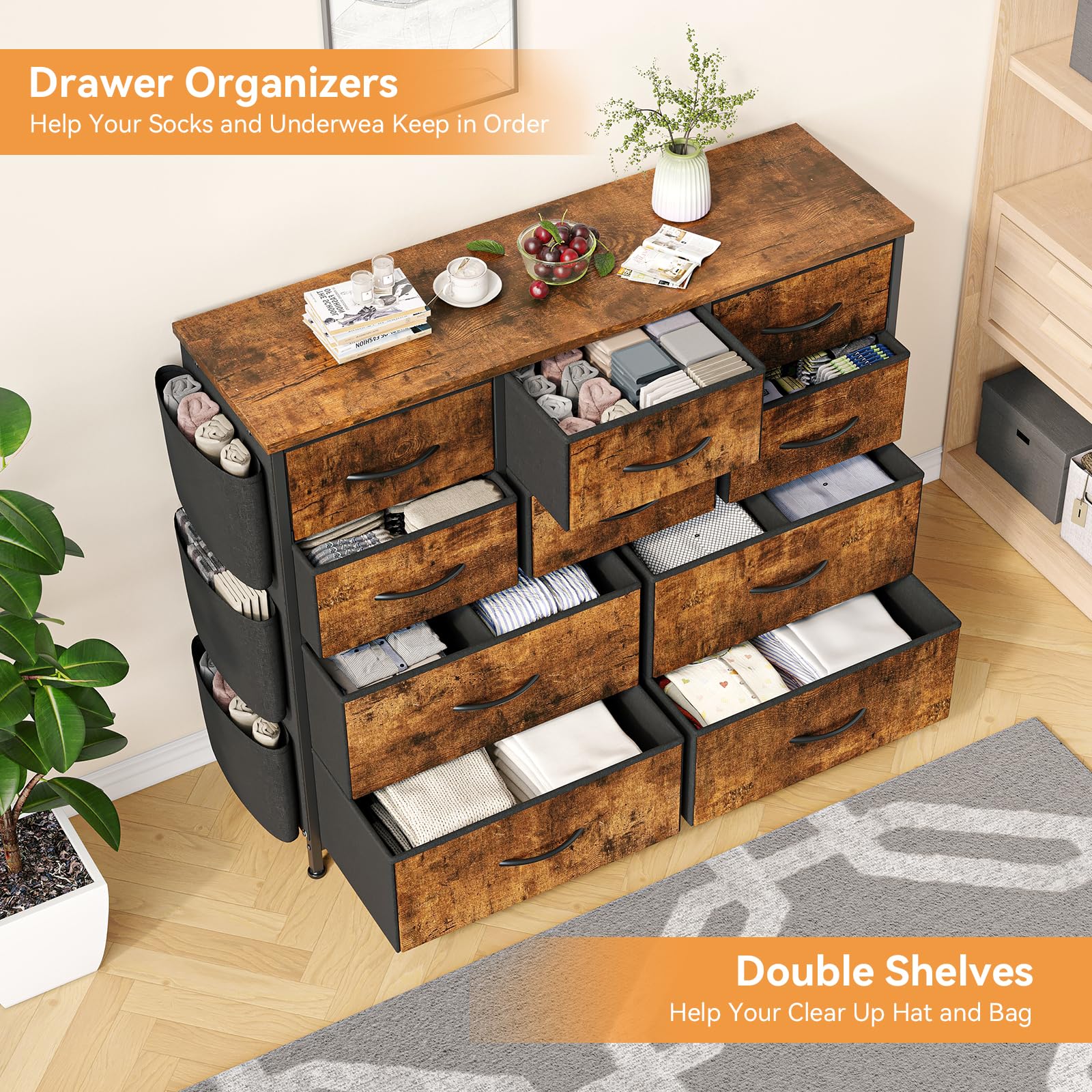 GarveeLife Cajonera Almacenaje 10 Cajones,Vintage Negro | Amplio mueble almacenaje con 10 cajones de tela suave, para ropa, accesorios y objetos domésticos 99×30×100 cm