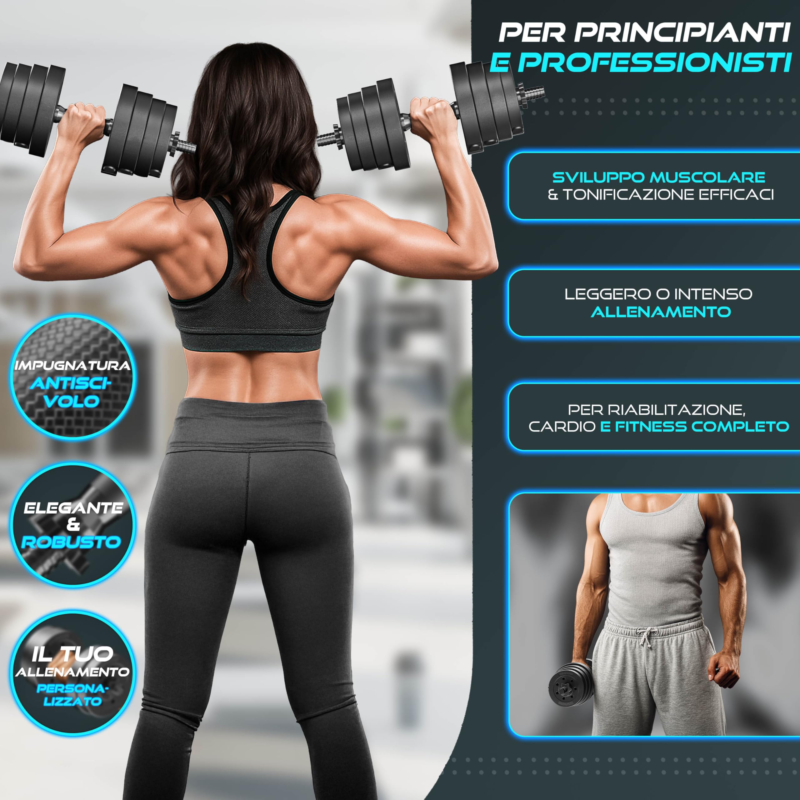RE:SPORT Set di 2 manubri regolabili 15/20/30/40 kg | Set di 2 manubri | manubri con pesi e 4 chiusure a stella | manubri fitness per costruzione muscolare, allenamento e casa