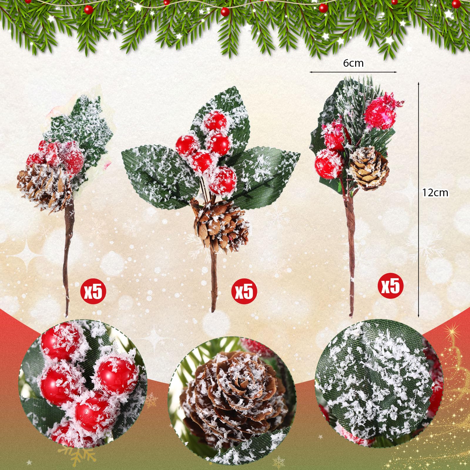 Yunlly Künstliche grüne Tannennadeln, Weihnachtsblumen, künstliche Stechpalme, rote Beeren, Zweigstiel, Tanne, schneebedeckte Zweige Girlande, Großpackung für Baum, Handwerk, Urlaub, Winter