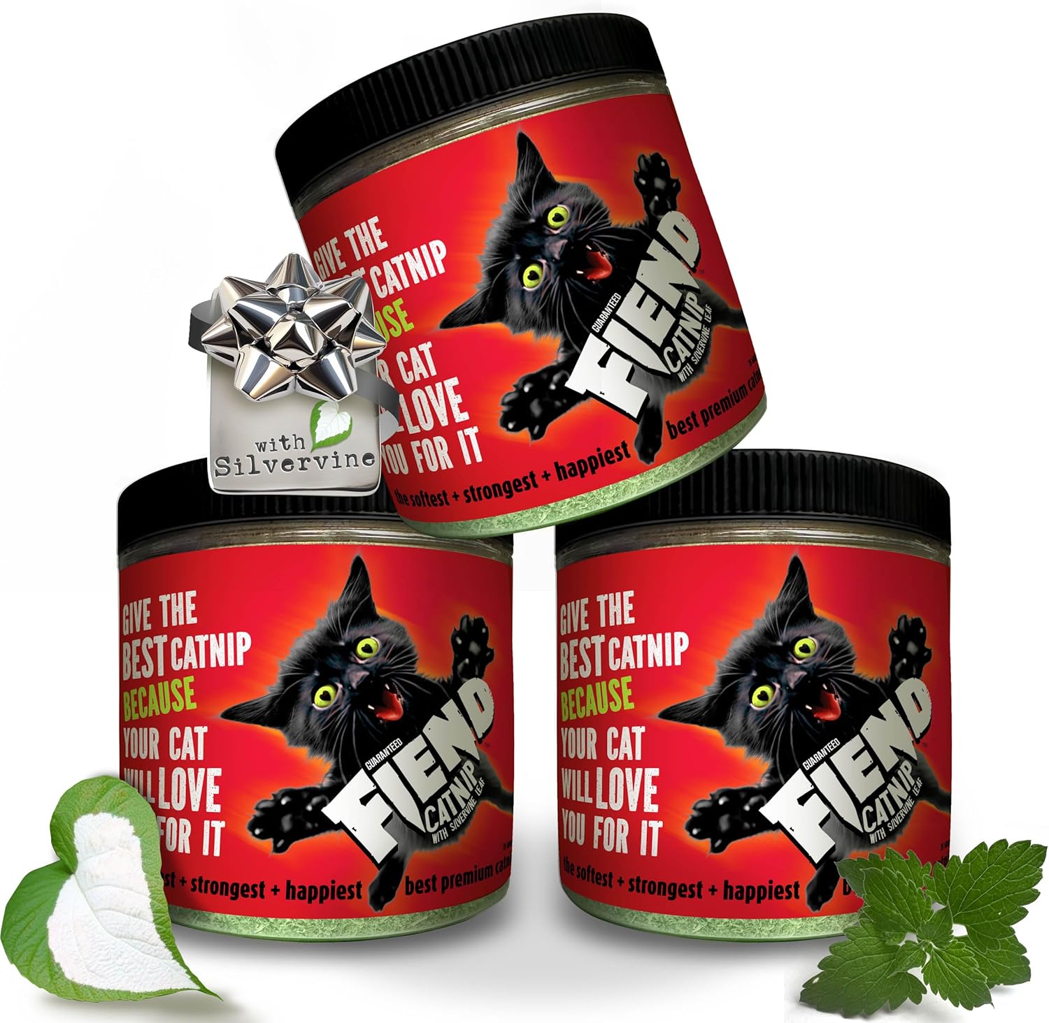 Fiend Three (3 Count) Catnip + Silvervine for Cats & Kittens Safety-Cut Premium Fine Cat Nip Blend with Vegan Silvervine Ultra Potent, North American – 1 Cup (34.5g) Create a Monster!