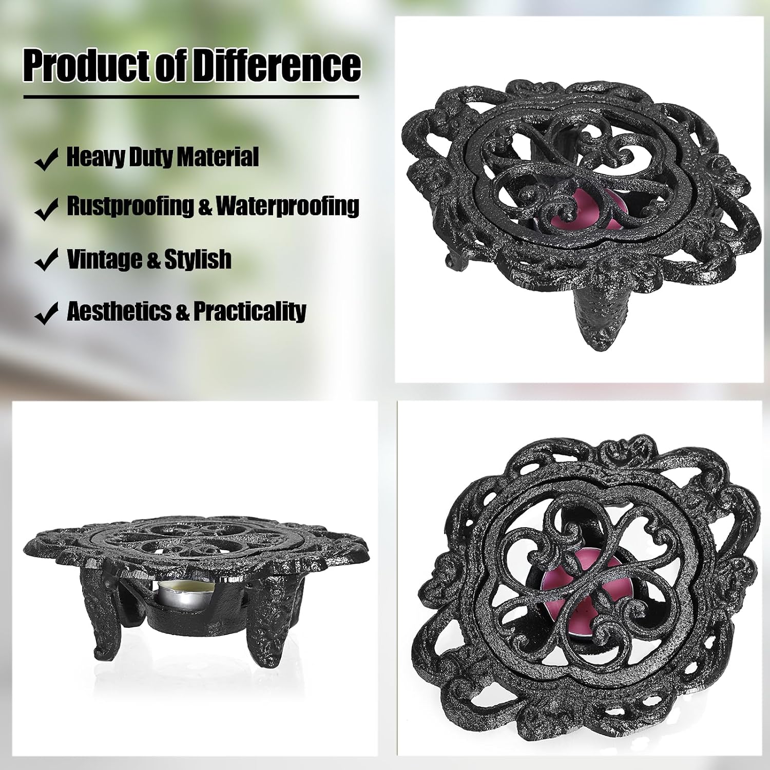 Sumnacon Cast Iron Teapot Warmer Dish Cups Heater Decorative Trivet with Tealight Holder - Rustic and Heavy Duty Tealight Candle Holder Stands - Elegant Food Warmer for Tea, Coffee, Milk