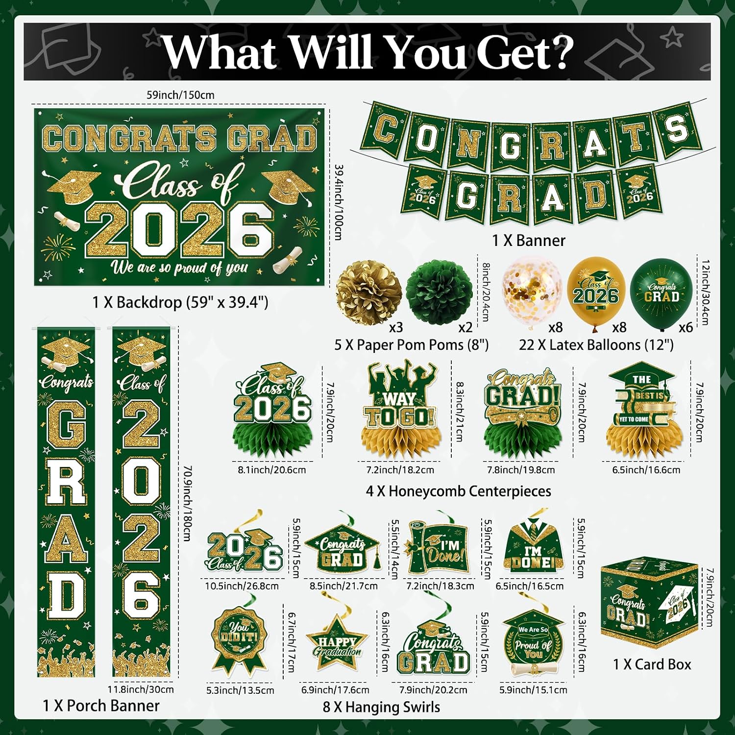 Green and Gold Graduation Decorations 2026 Set, All-in-1 Kit with Congrats Grad Banner Class of 2026 Backdrop Porch Sign Balloons Centerpieces Card Box Pom Poms Streamers for College High School