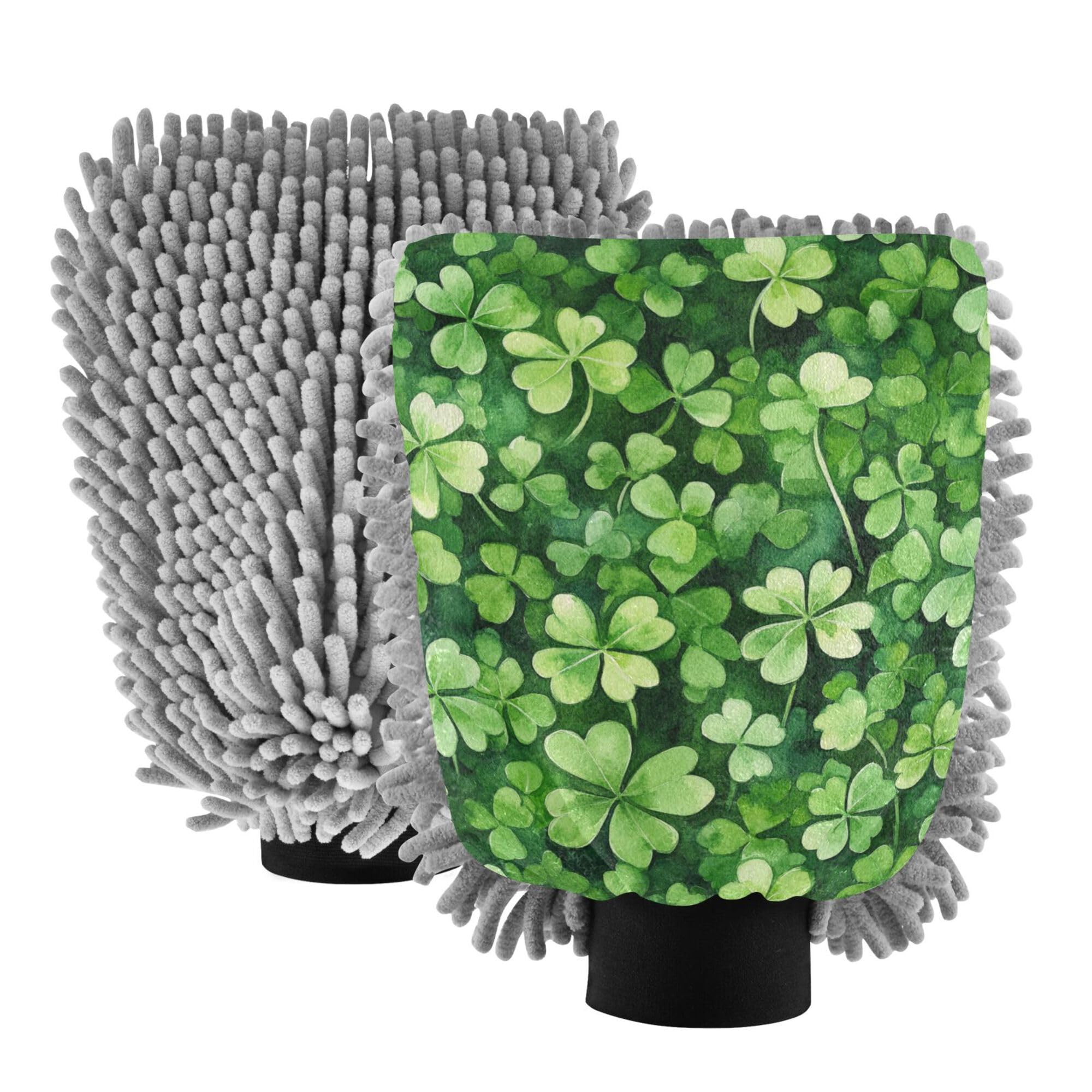 St.Patrick Green Shamrocks Car Wash Mit 2 Pack Gloves for Cars Washing Scratch Free Detailing Gloves for Auto Supplies