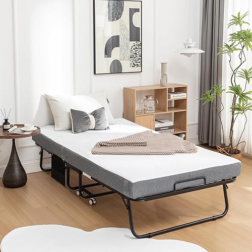 Miniatura 9 de Catre plegable con colchón de espuma viscoelástica, marco de metal de 75 x 38 pulgadas con ruedas, cama plegable que ahorra espacio, color negro