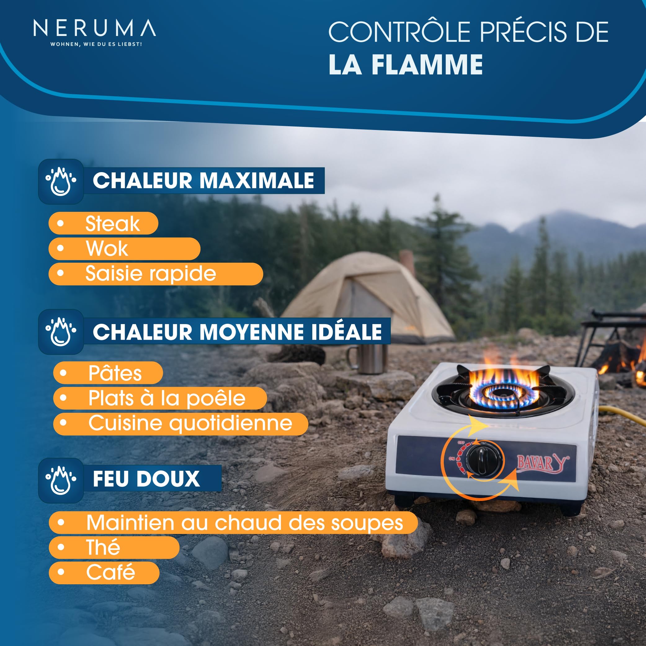 Réchaud à Gaz 1 Feu Portable – Brûleur Gaz Haute Puissance avec Allumage Piézoélectrique Automatique, Idéal pour Jardin, Terrasse, Cuisine Extérieure et Camping