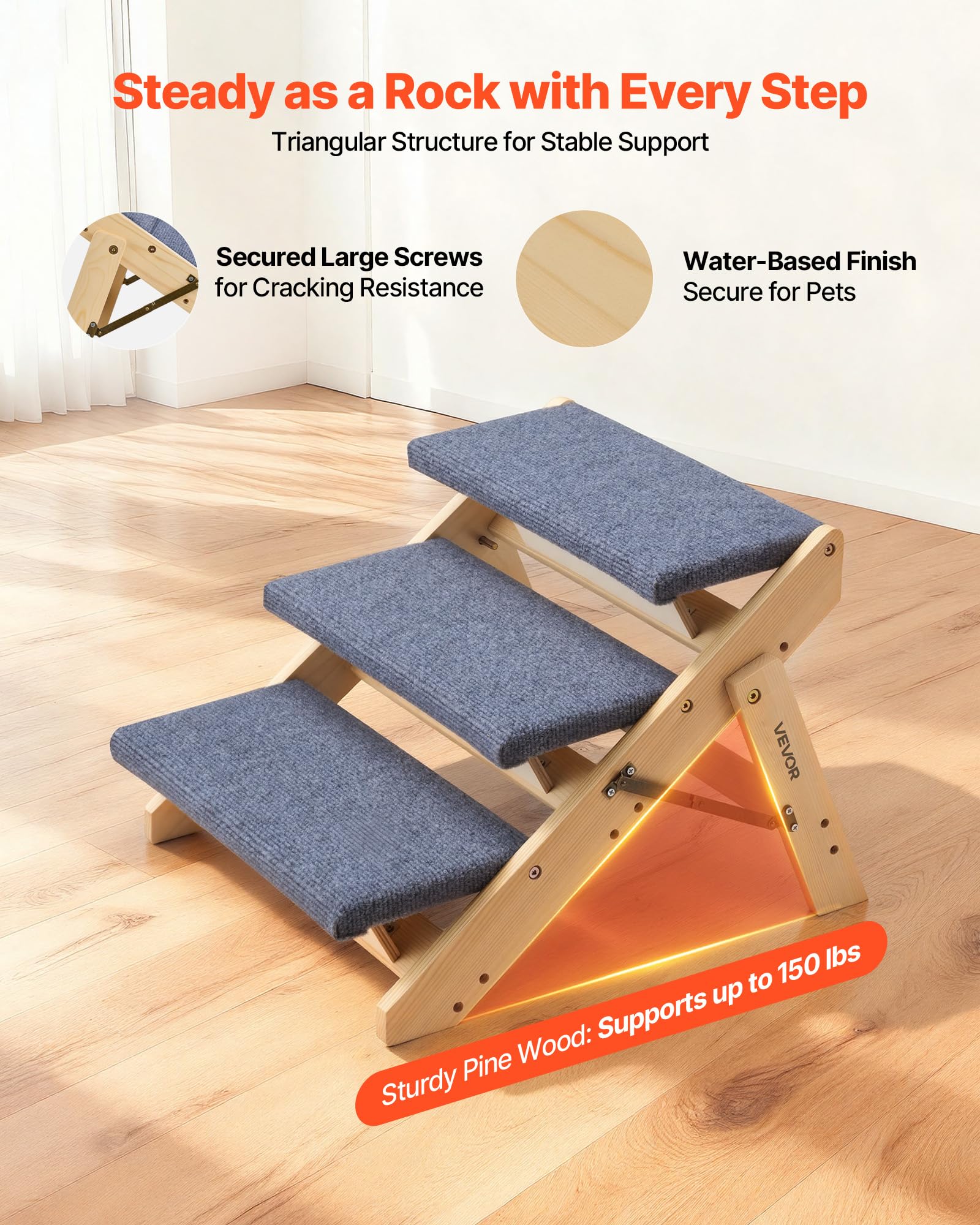 VEVOR Hundetreppe 510x470x370 mm, 3-stufige Hautiertreppe, klappbare Holztreppe geeignet für kleine, mittlere, große, ältere Haustiere sowie Welpen bis 68 kg, Hundeleiter für Betten, Sofas & Autos
