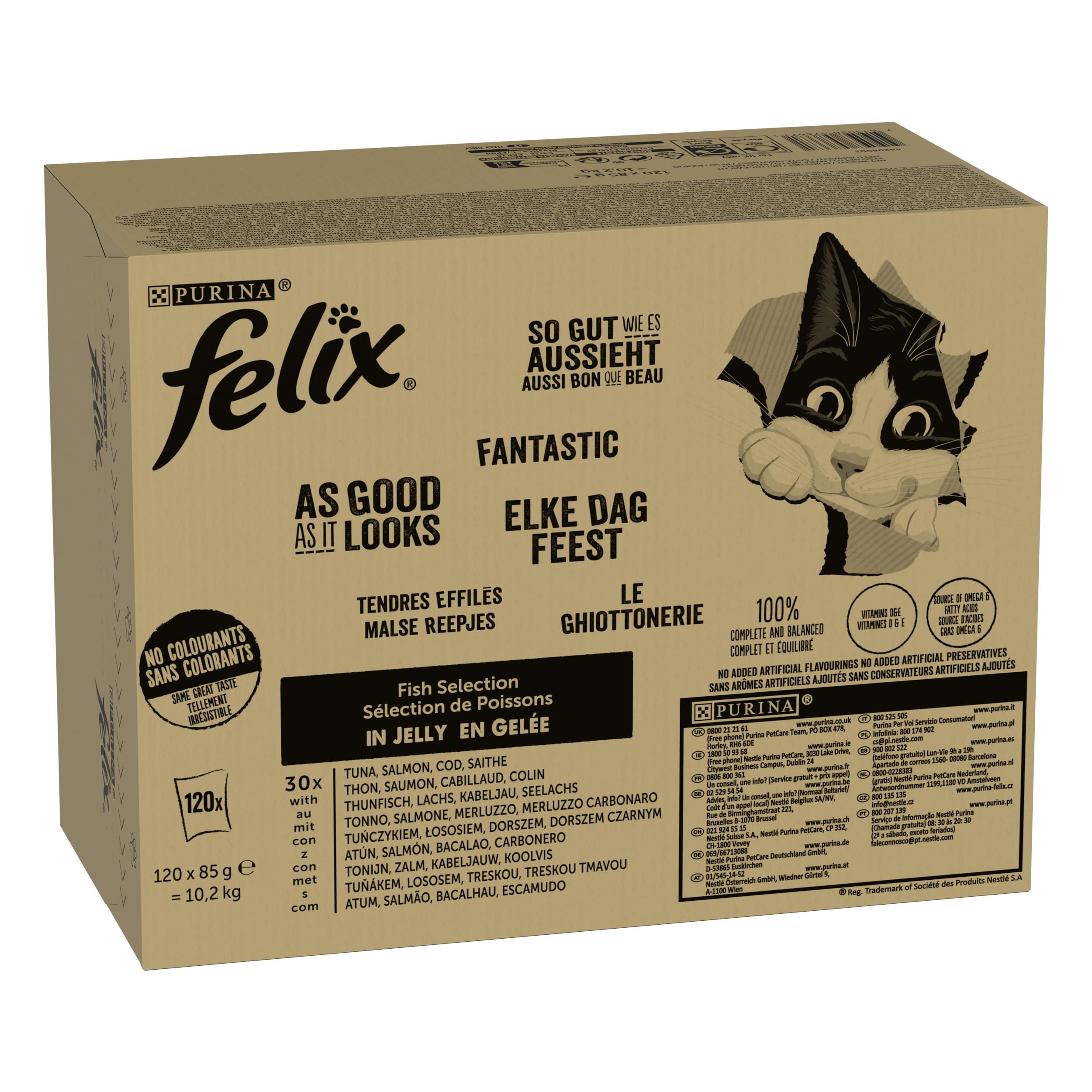 Felix Fantastic Wet Food for Cats Feast of the Sea Savings Pack, 120 Easy Serve Sachets, Tender Jellied Chunks, 4 Delicious Flavors, 100% Complete and Balanced Nutrition