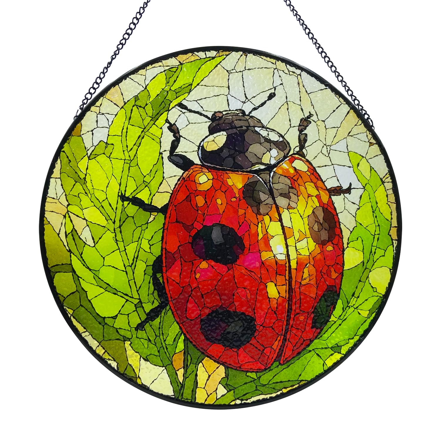 Ladybug Stained Glass Window Hanging, 9.84'' Colorful Ladybug Panel with Chain, Ladybug Stained Glass Decor for Lover, Mother's Day, Birthday Gift
