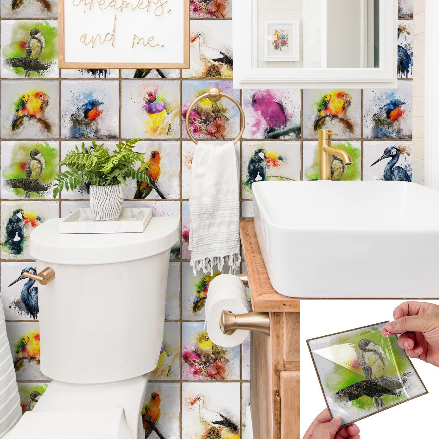 Alwayspon 10Pcs 15cm/6inch Retro White Tile and Birds Tile Sticker, 0.6mm Thicken Peel & stick Self-adhesive Splashback Fireplace Stairs Tile Sticker Transfers, Stick on Tile for Kitchen Bathroom Wall