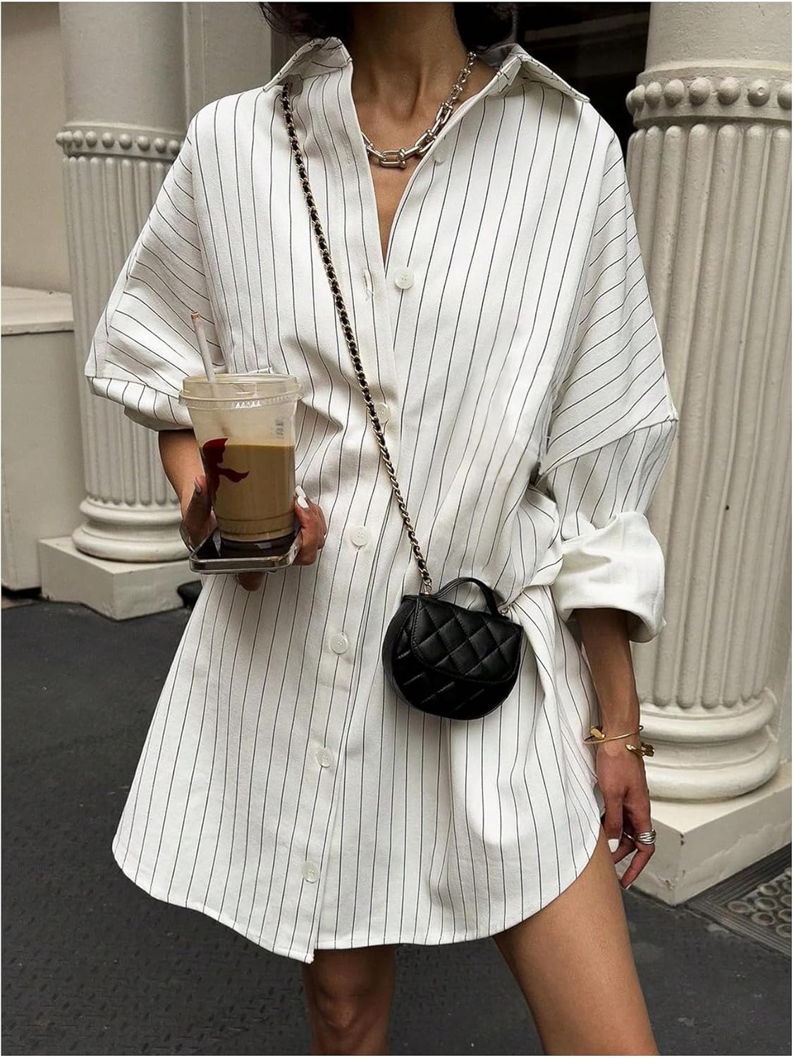 GORGLITTER Women's Button Down Shirt Dresses Striped Oversized Long Sleeve Collared Tunics High Low Blouse Tops with Pockets - Image 2