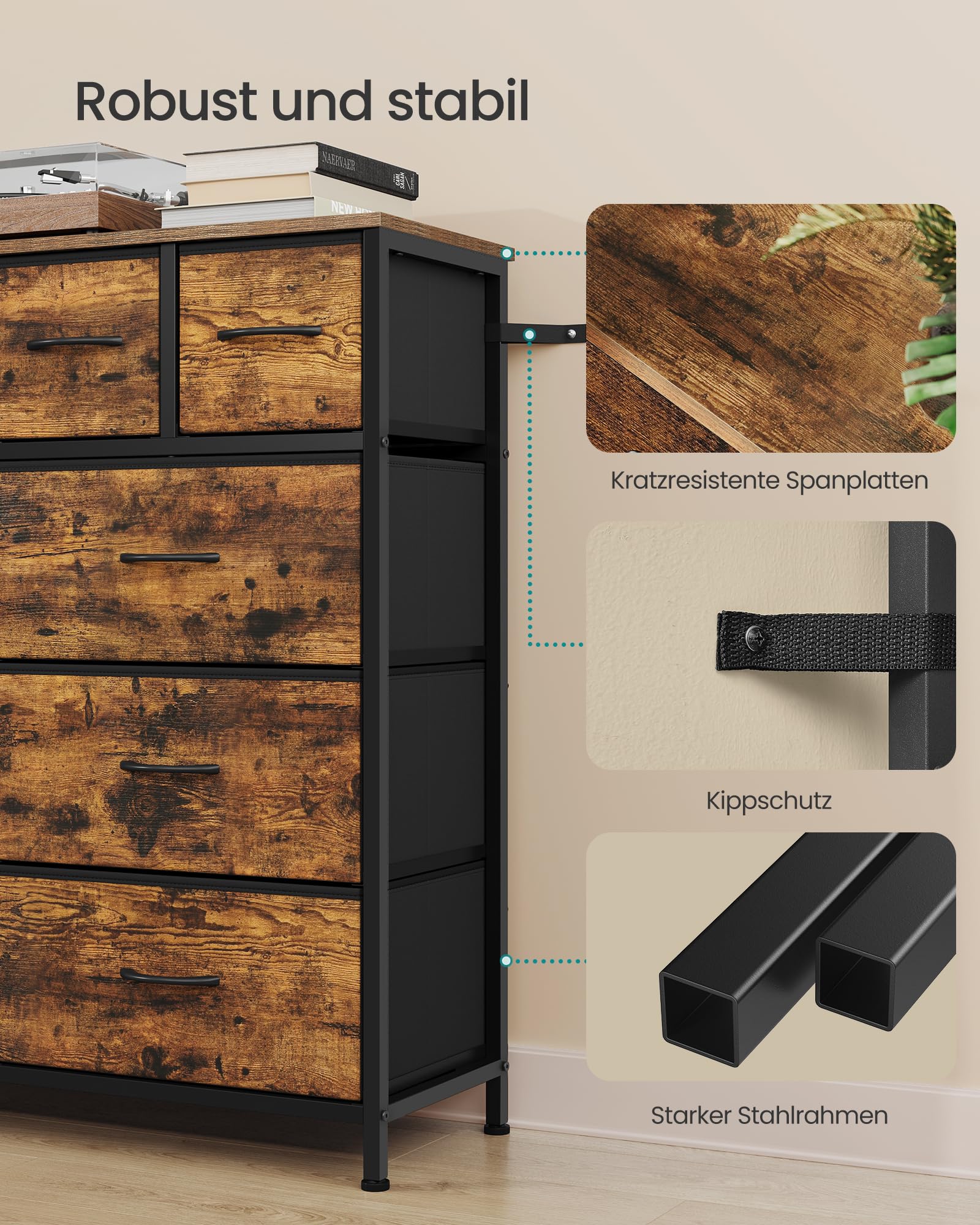 SONGMICS Kommode mit 10 Stoffschubladen, Schubladenschrank mit Metallgestell, Aufbewahrungsschrank, 98,7 x 30 x 96,2 cm, für Schlafzimmer und Flur, Rustikales Braun, BELLAH Kollektion LGS236K101