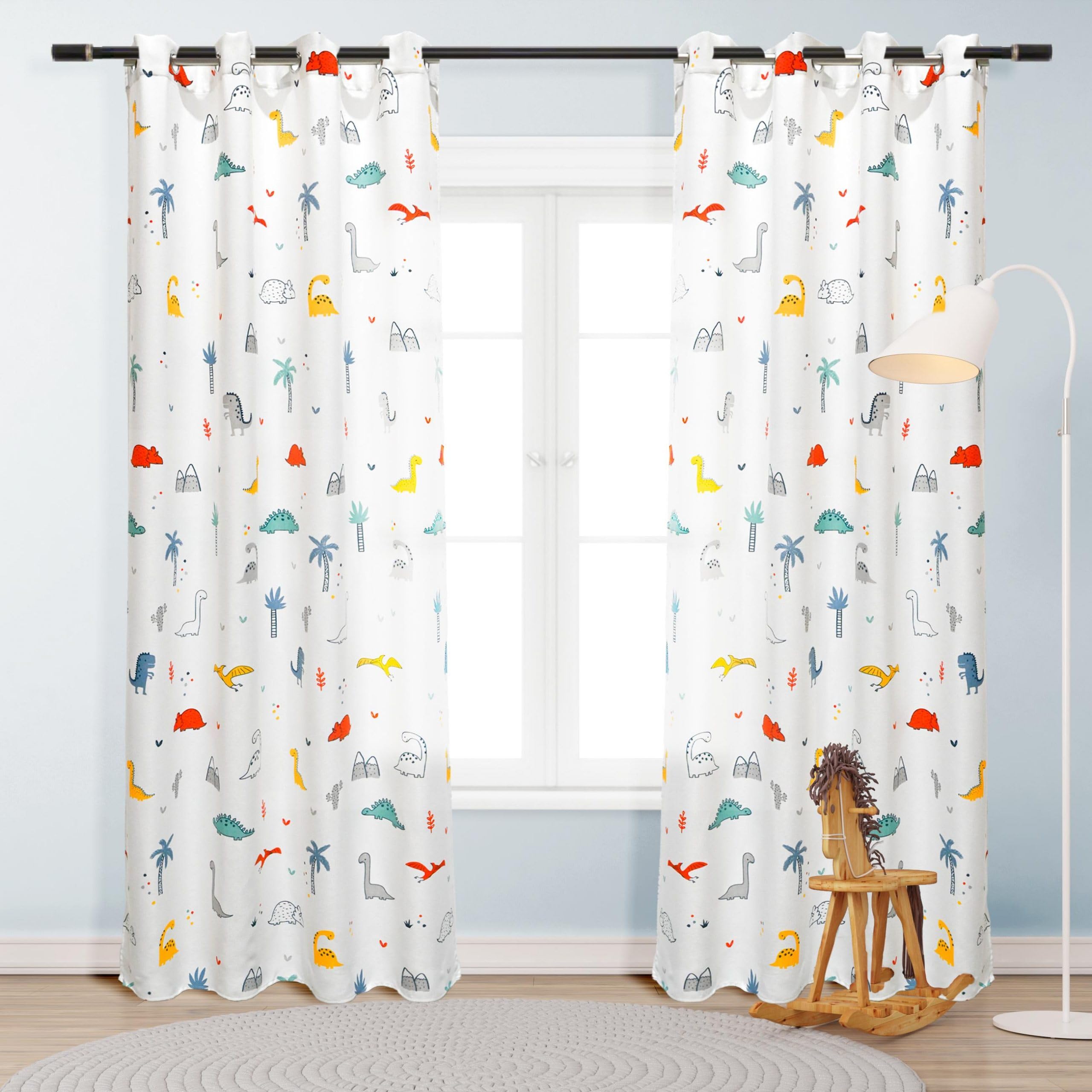 HOMEYA - Cortina Translucida Infantil 2 Unidades de 140 x 260 cm - Cortina jovenil con diseño Dinosaurio, Deja Pasar la luz, Semiopaca para Habitacion de niños. 100% Poliester
