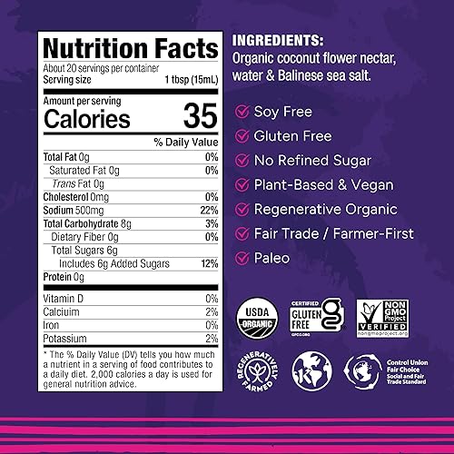 Miniatura 2 de Big Tree Farms Aminos orgánicos de coco  Aminos de coco líquidos, salsa sin soja, baja en sodio, alternativa a la soja, sin gluten, kosher, umami