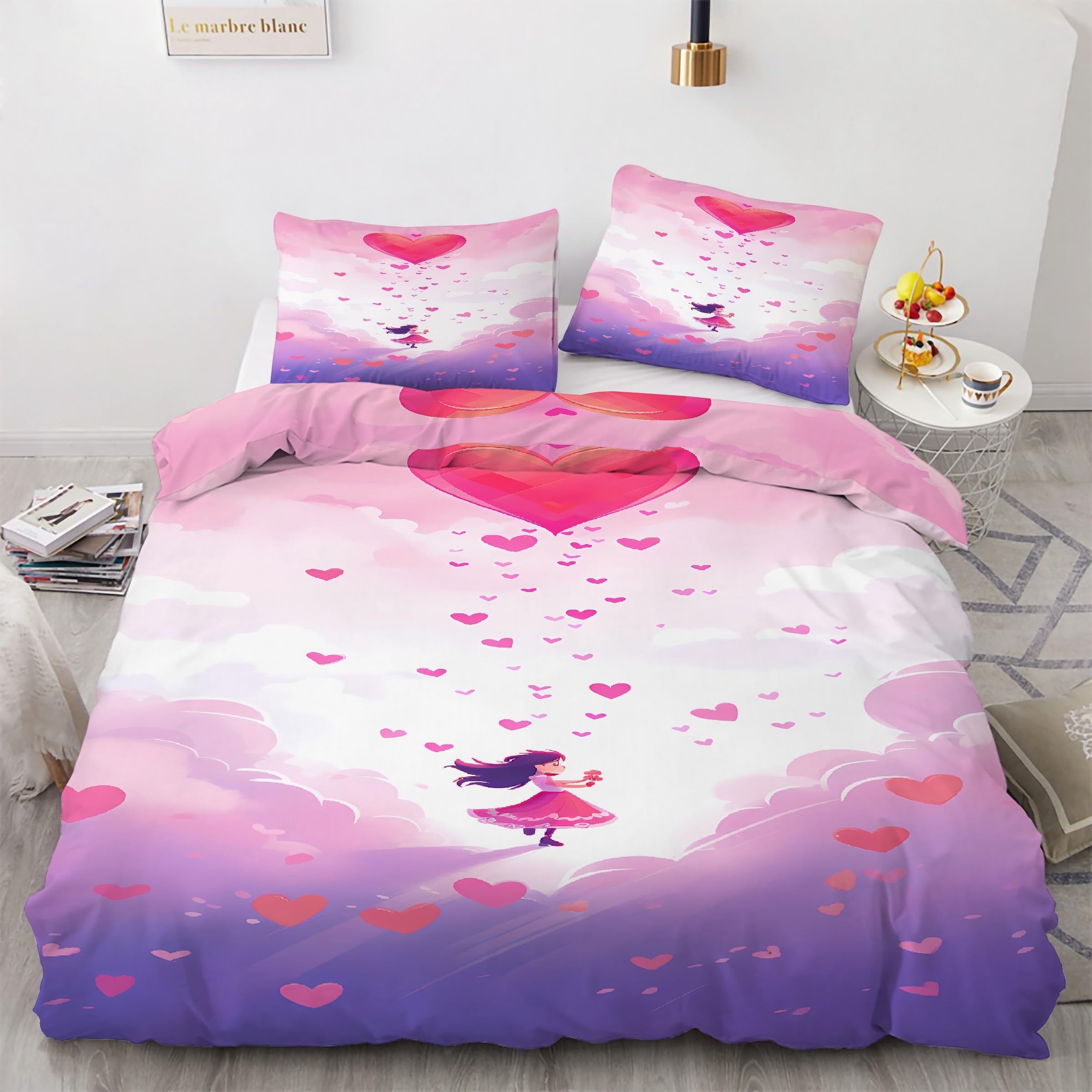 Housse de couette 160x200 rose avec 2 taies d'oreiller en microfibre douce